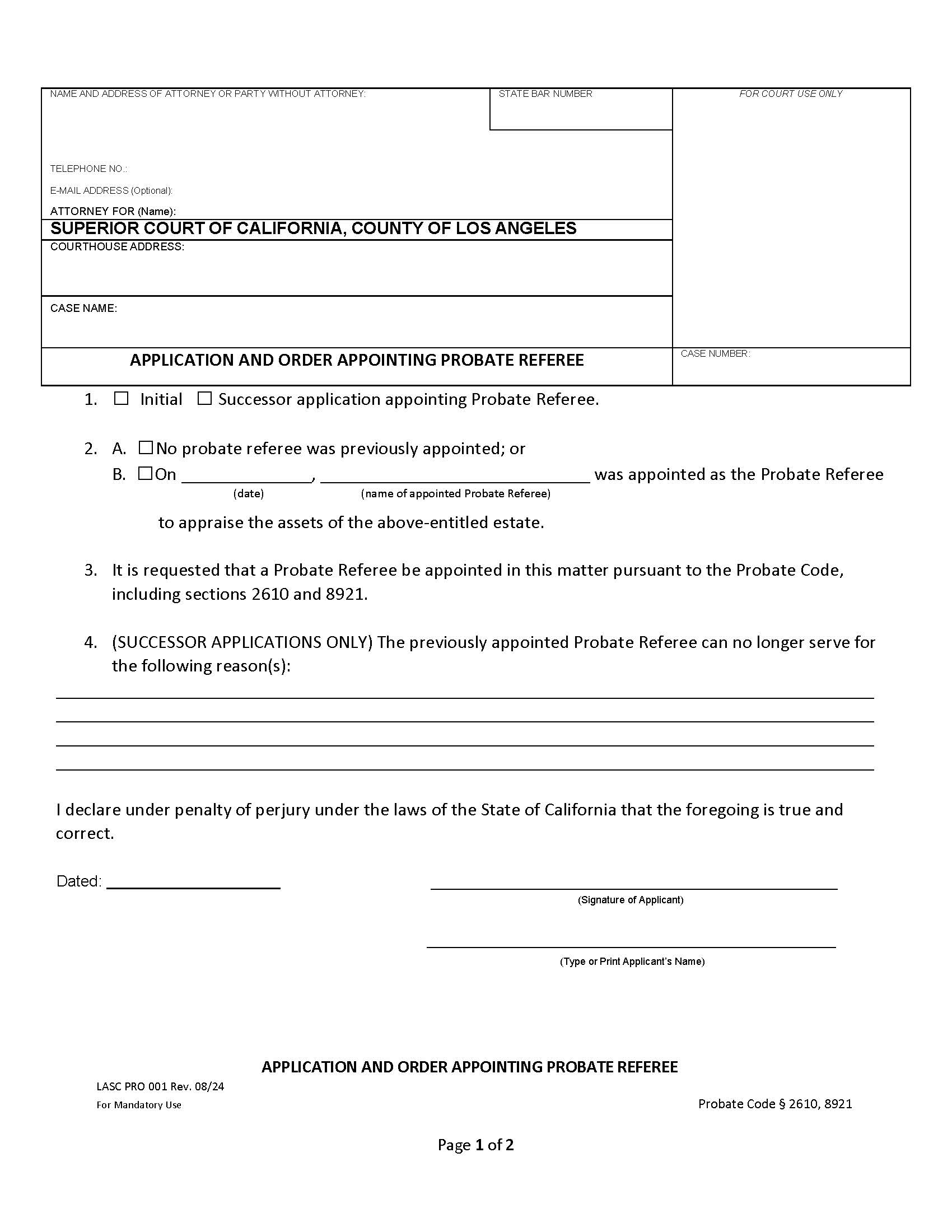 Application And Order Appointing Probate Referee {PRO001} | Pdf Fpdf Docx | California