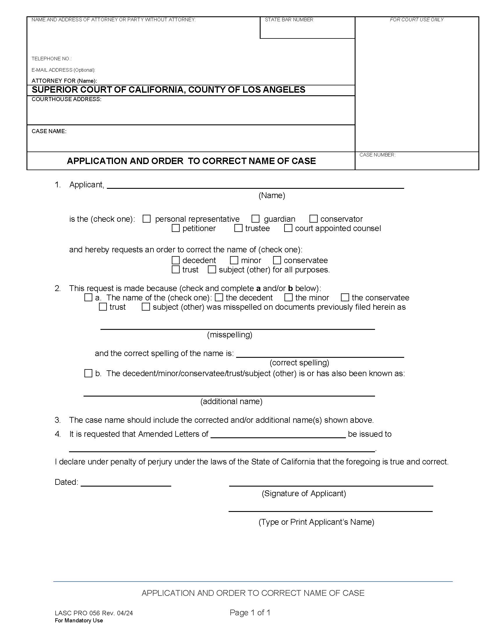 Application And Order To Correct Name Of Case {PRO 056} | Pdf Fpdf Doc Docx | California