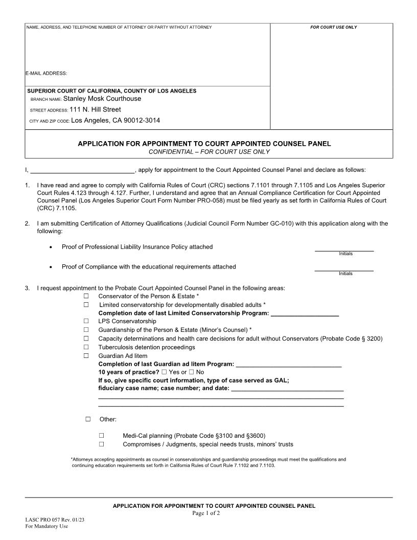 Application For Appointment To Probate Appointed Counsel Panel {PRO057} | Pdf Fpdf Docx | California
