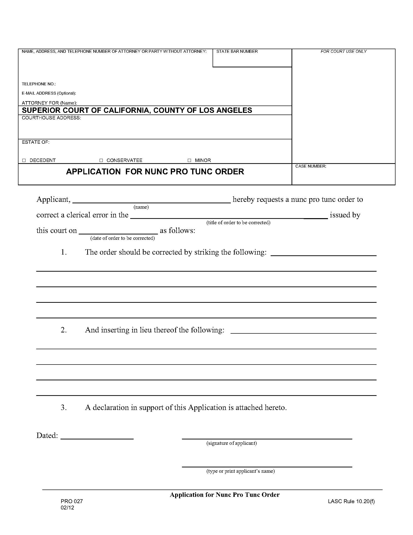 Application For Nunc Pro Tunc Order {PRO 027} | Pdf Fpdf Doc Docx | California