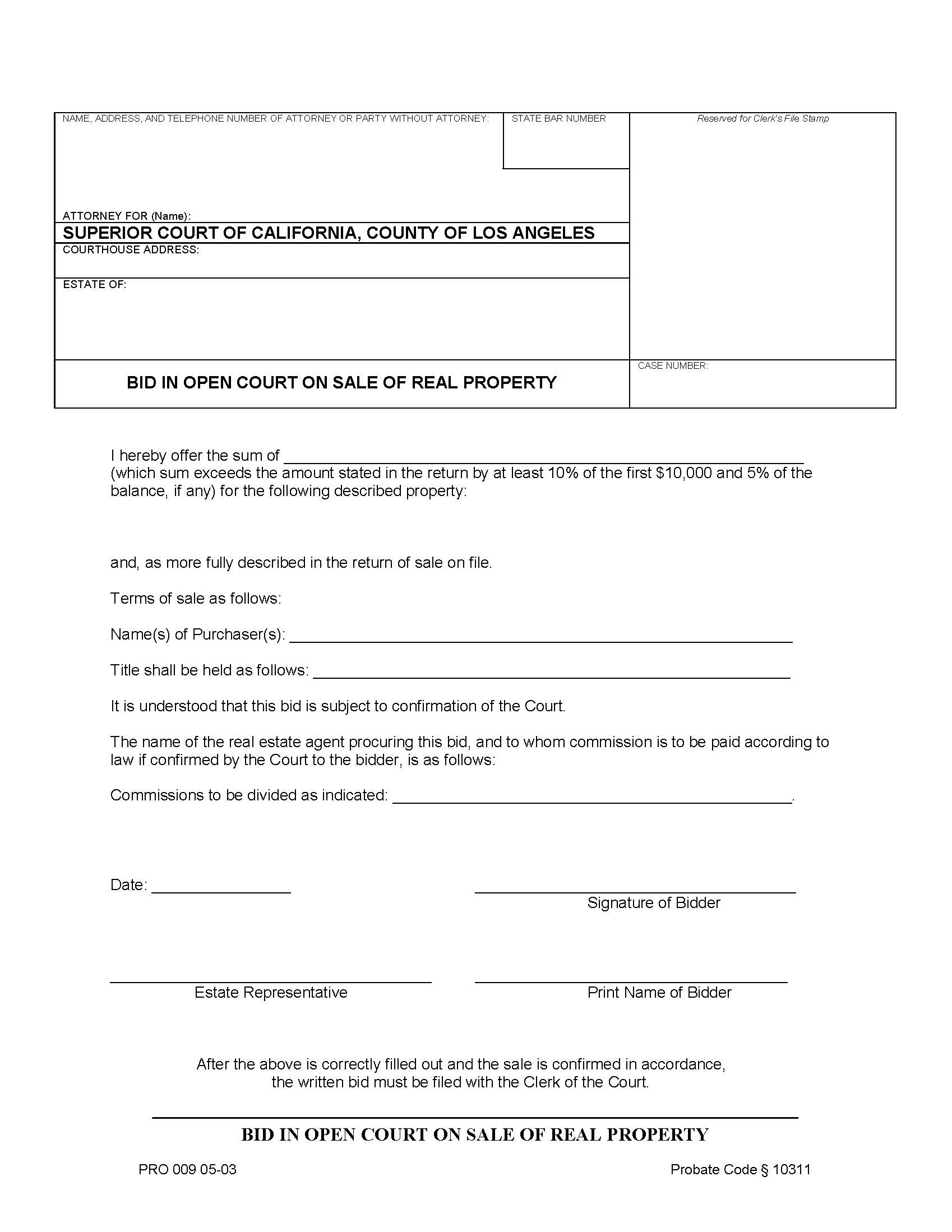 Bid In Open Court On Sale Of Real Property {PRO-009} | Pdf Fpdf Doc Docx | California
