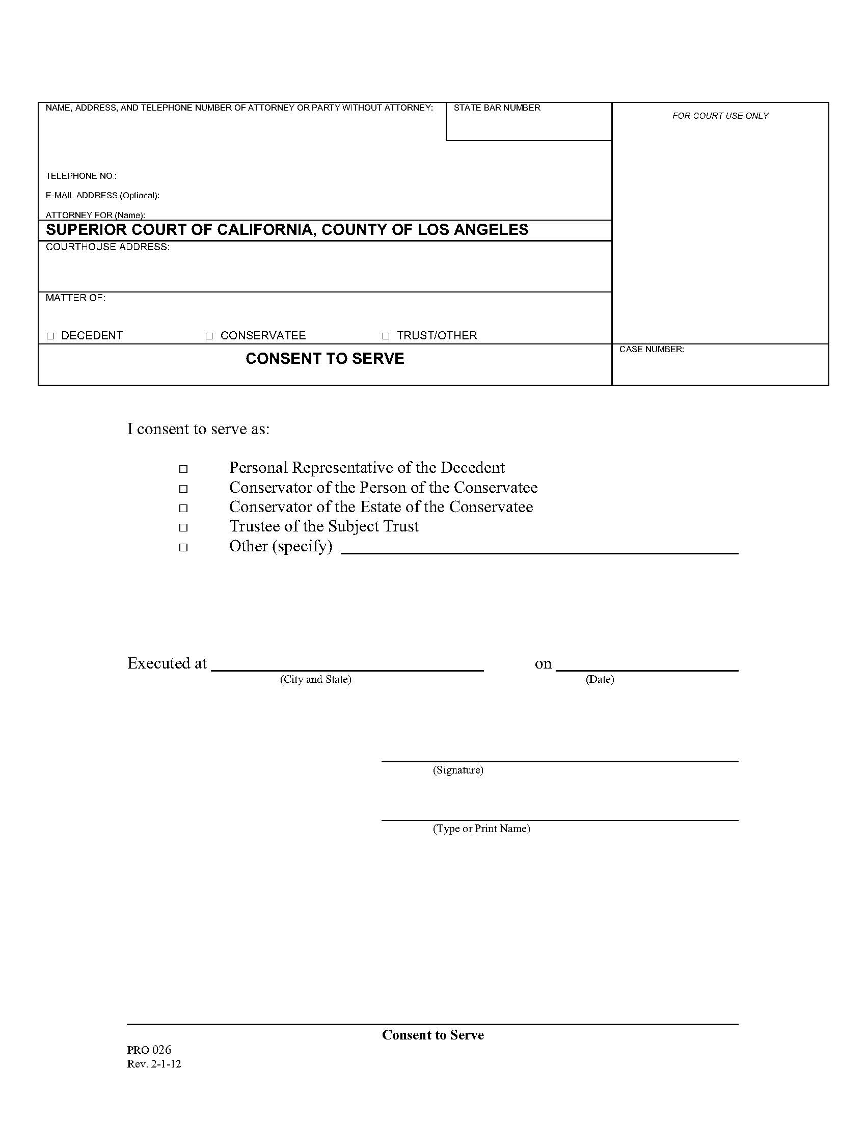 Consent To Serve {PRO 026} | Pdf Fpdf Doc Docx | California