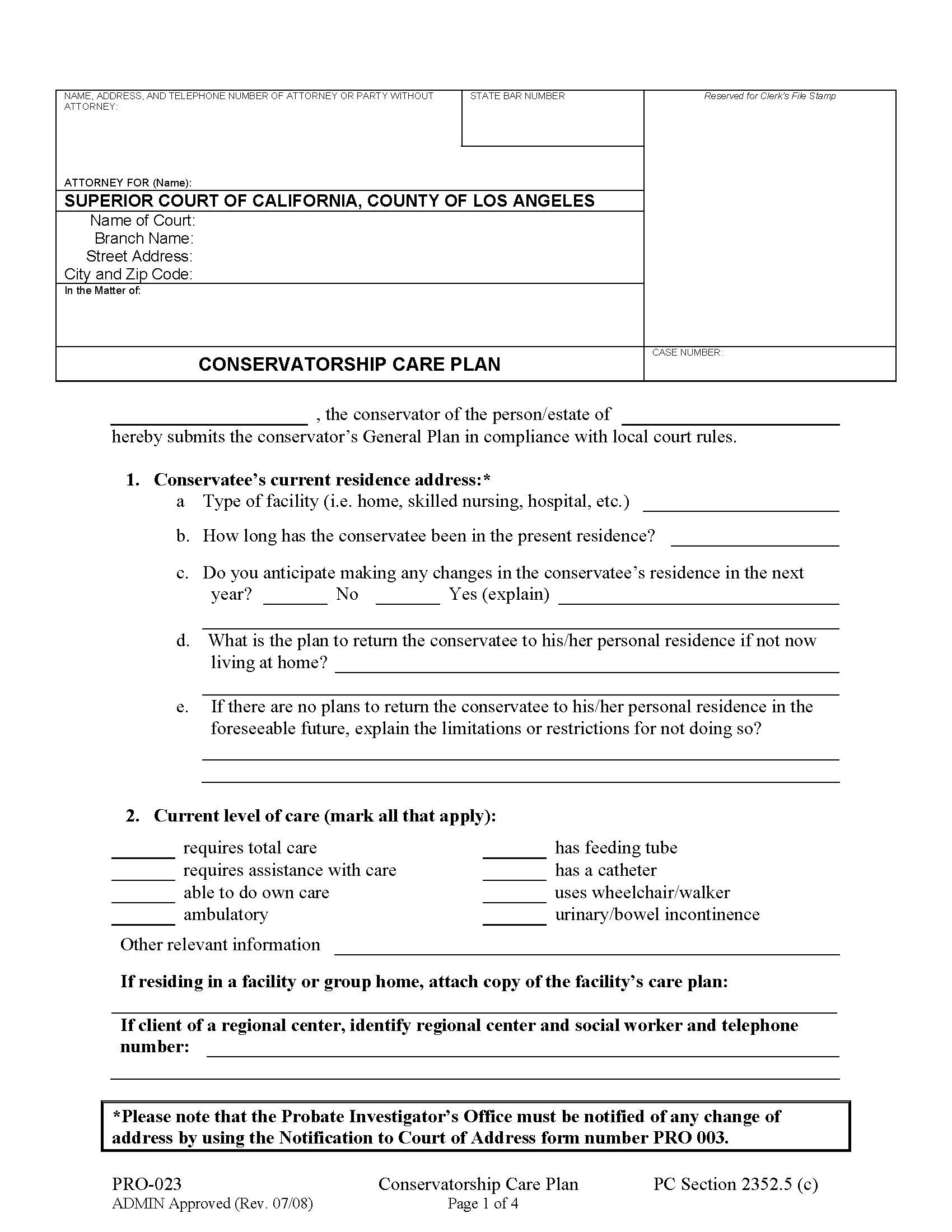 Conservatorship Care Plan {PRO023} | Pdf Fpdf Doc Docx | California