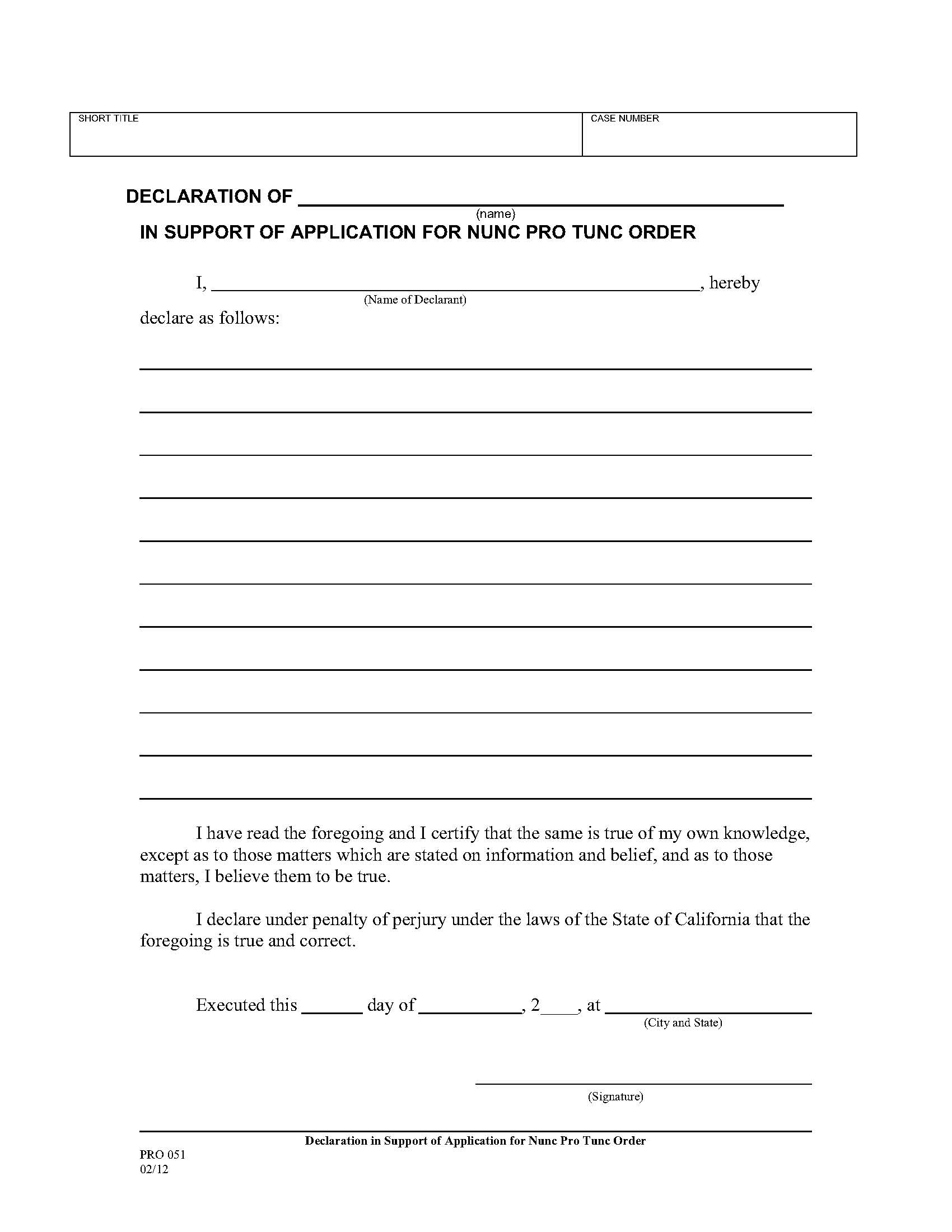 Declaration In Support Of Application For Nunc Pro Tunc Order {PRO 051} | Pdf Fpdf Doc Docx | California