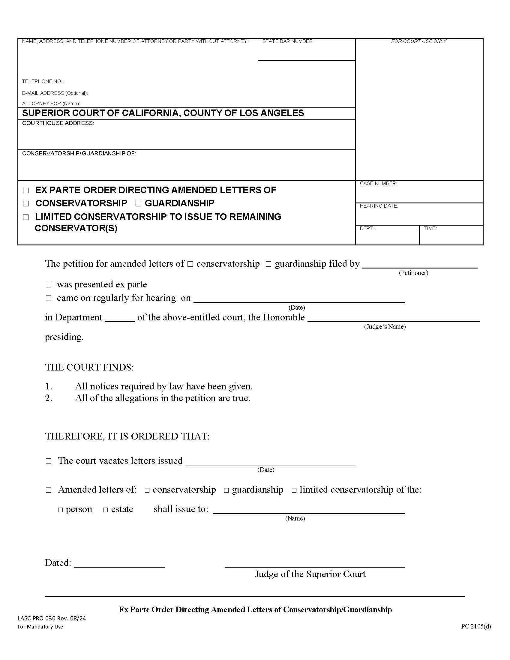 Ex Parte Order Directing Amended Letters Of Conservatorship {PRO 030} | Pdf Fpdf Doc Docx | California