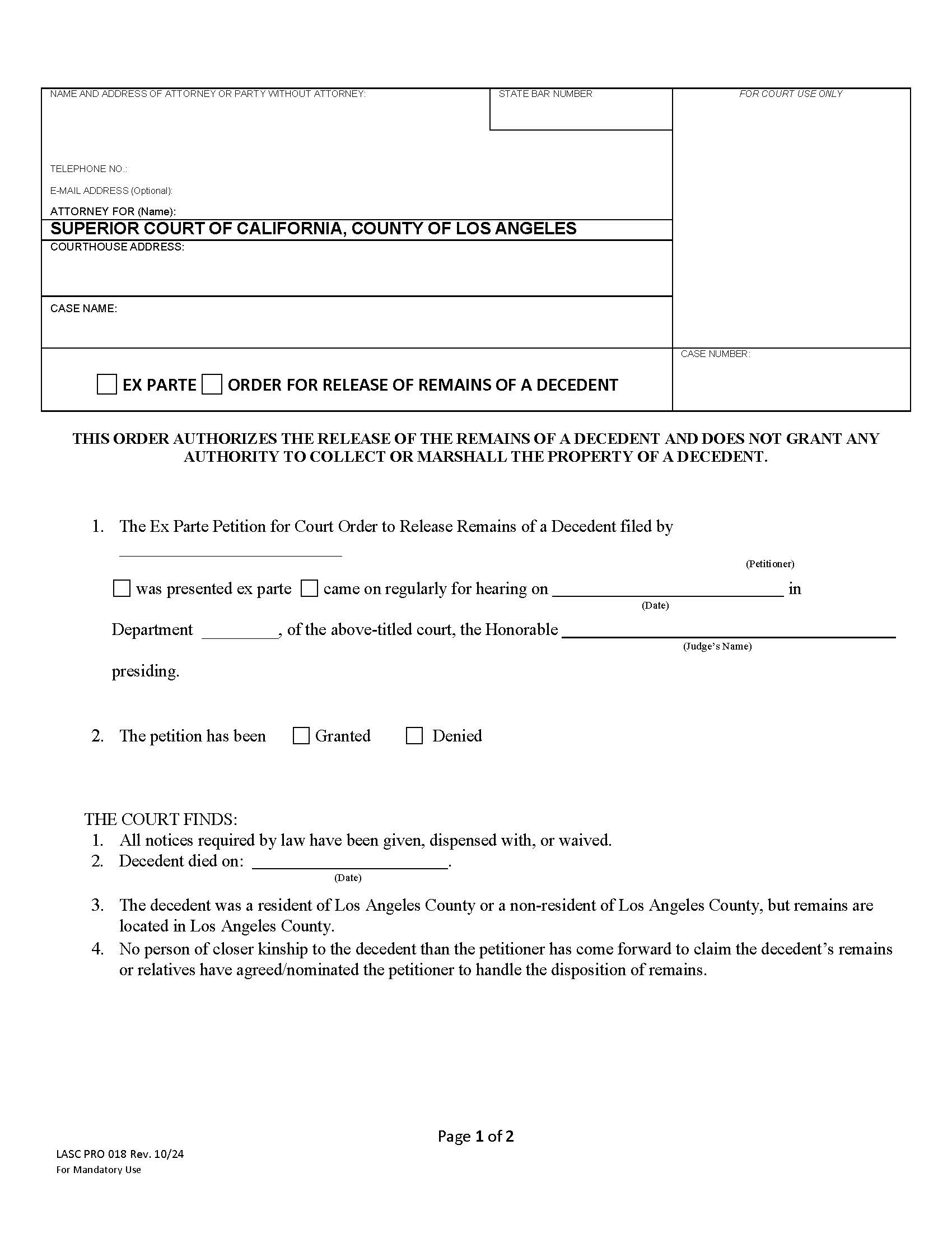 Ex Parte Order For Release Of The Remains Of A Decendent {PRO 018} | Pdf Fpdf Docx | California