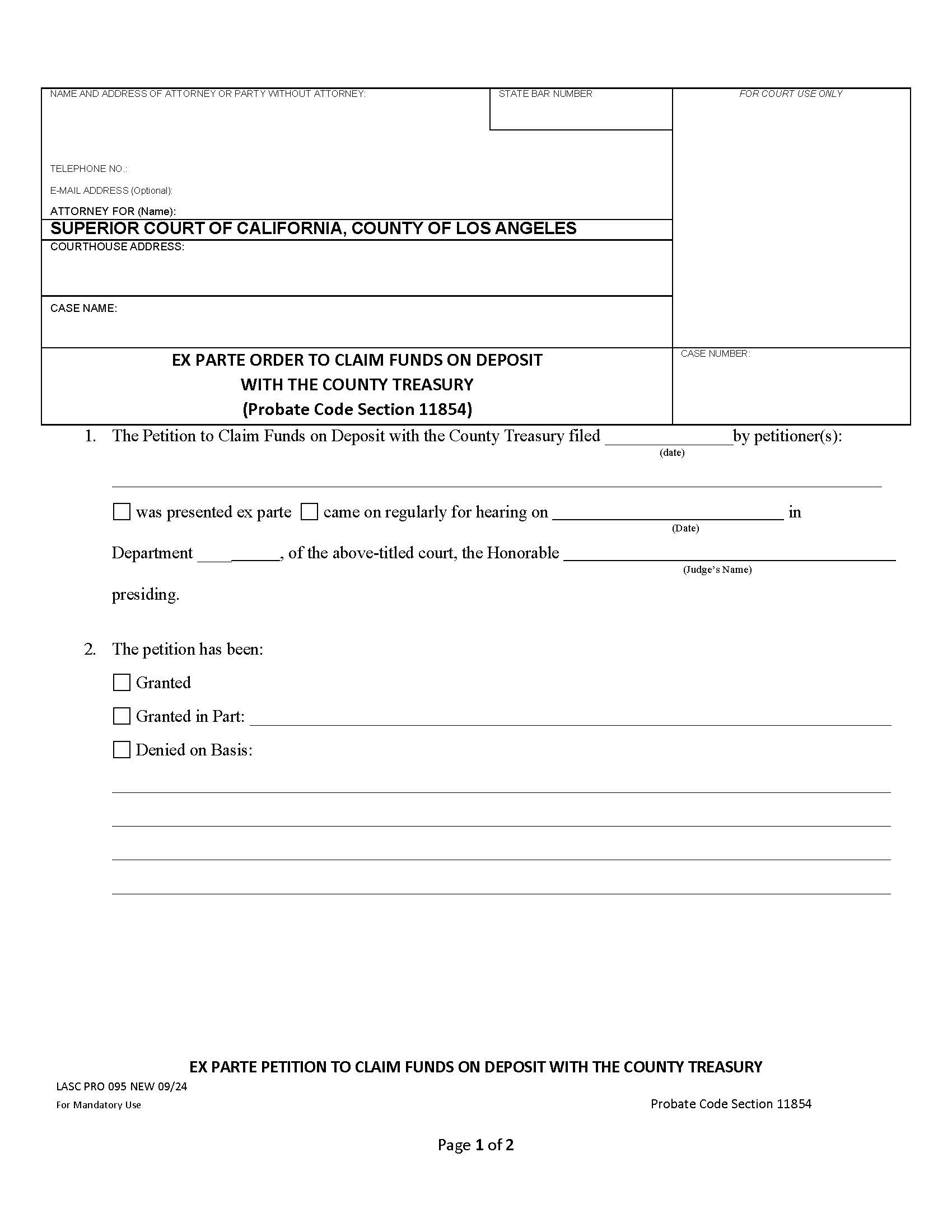 Ex Parte Order To Claim Funds On Deposit With The County Treasury (PC 11854) {PRO095} | Pdf Fpdf Docx | California
