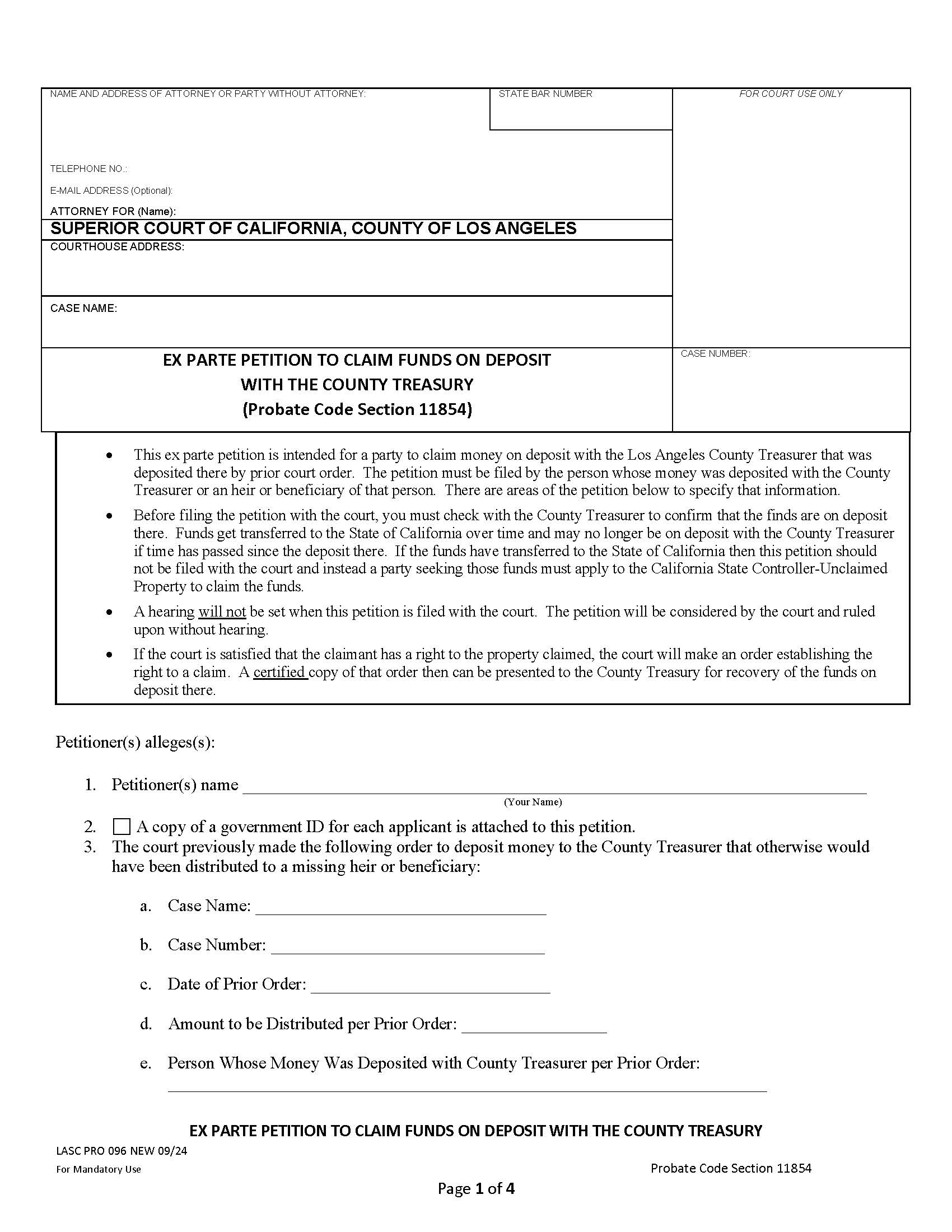 Ex Parte Order To Claim Funds On Deposit With The County Treasury (PC 11854) {PRO096} | Pdf Fpdf Docx | California