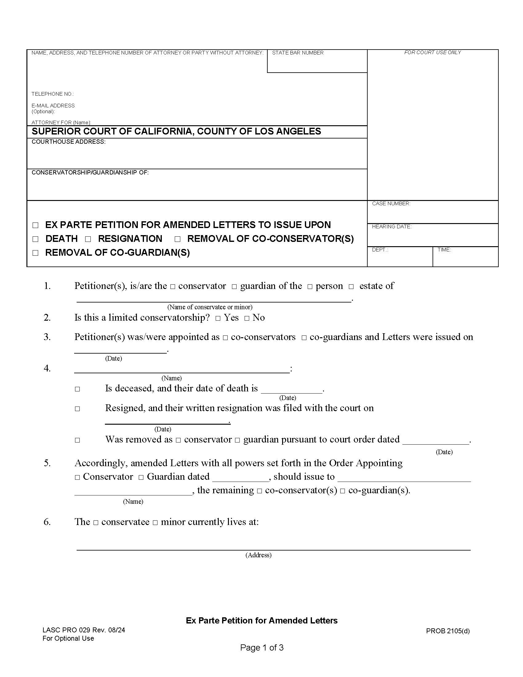 Ex Parte Petition For Amended Letters To Issue {PRO 029} | Pdf Fpdf Doc Docx | California