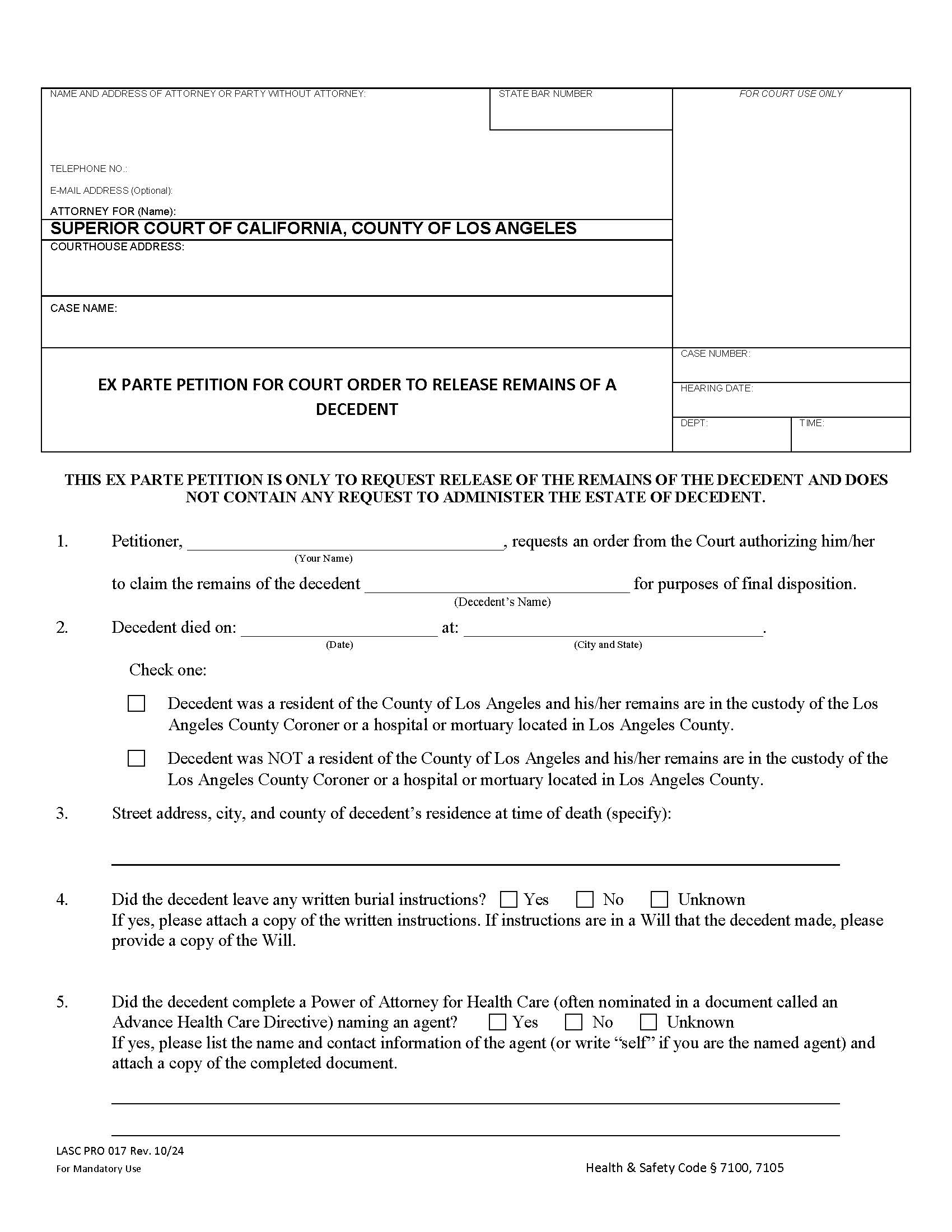 Ex Parte Petition For Court Order To Release The Remains Of A Decedent {PRO 017} | Pdf Fpdf Doc Docx | California