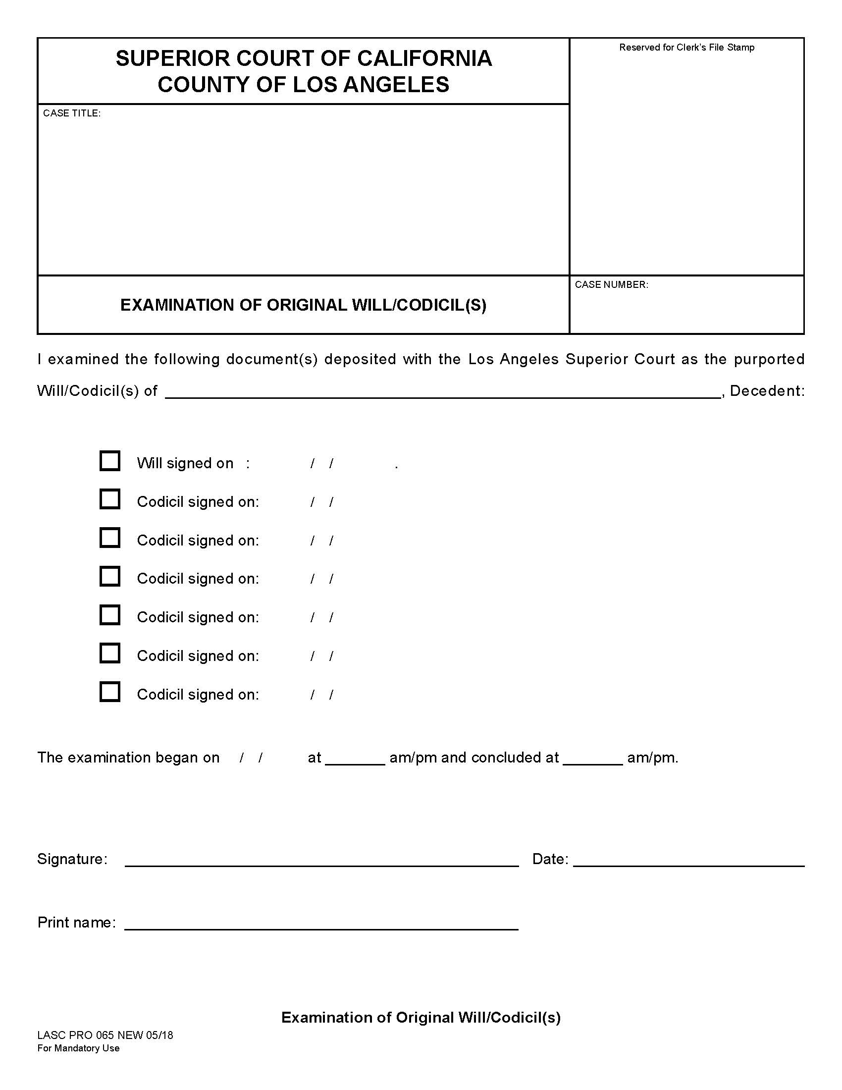 Examination Of Original Will-Codicil(s) {PRO065} | Pdf Fpdf Docx | California