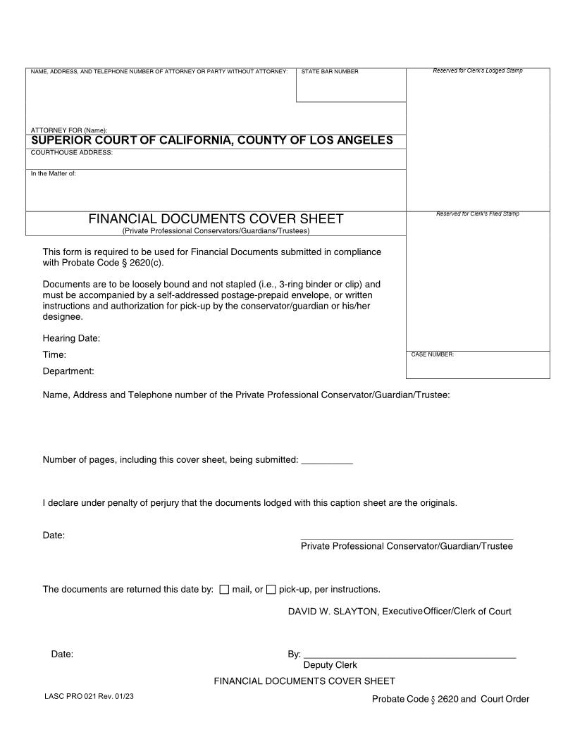 Financial Documents Cover Sheet {PRO021} | Pdf Fpdf Doc Docx | California