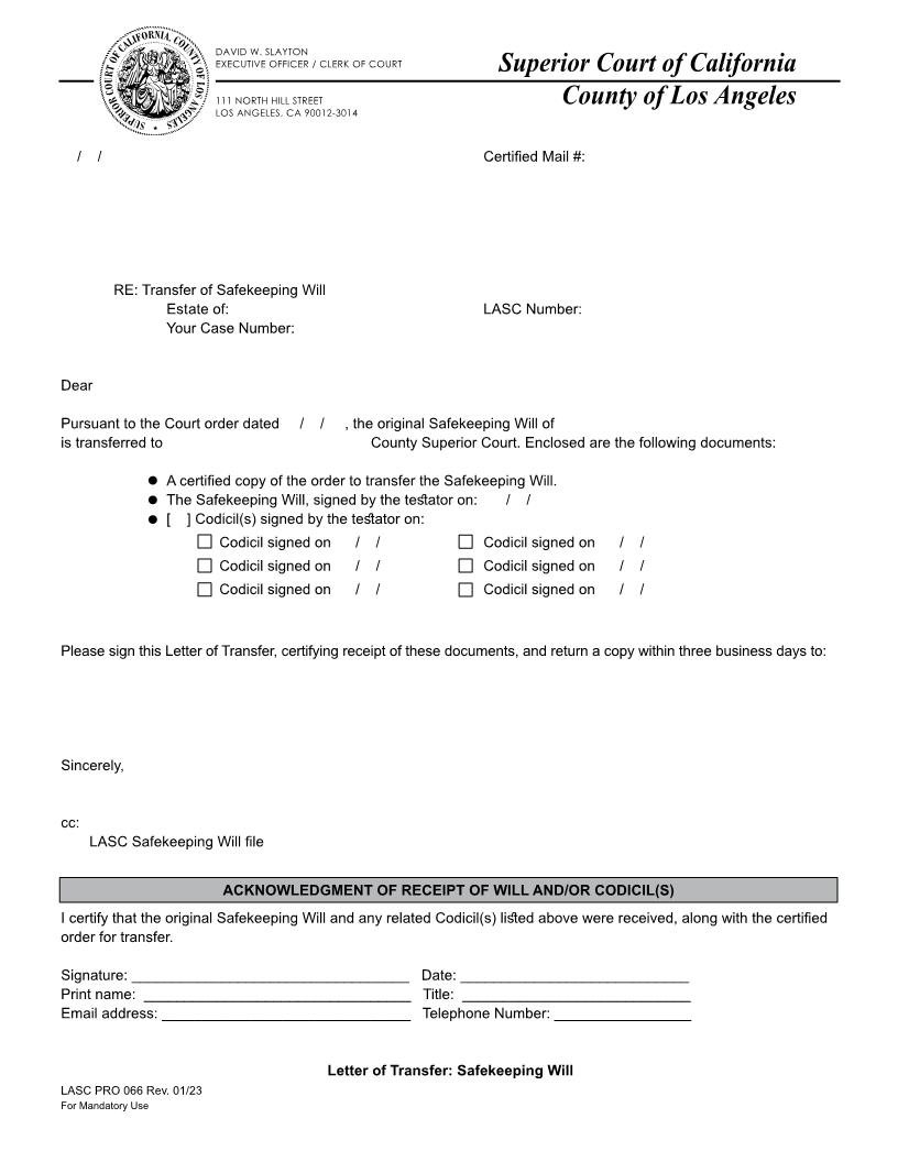 Letter Of Transfer-Safekeeping Will {PRO066} | Pdf Fpdf Docx | California