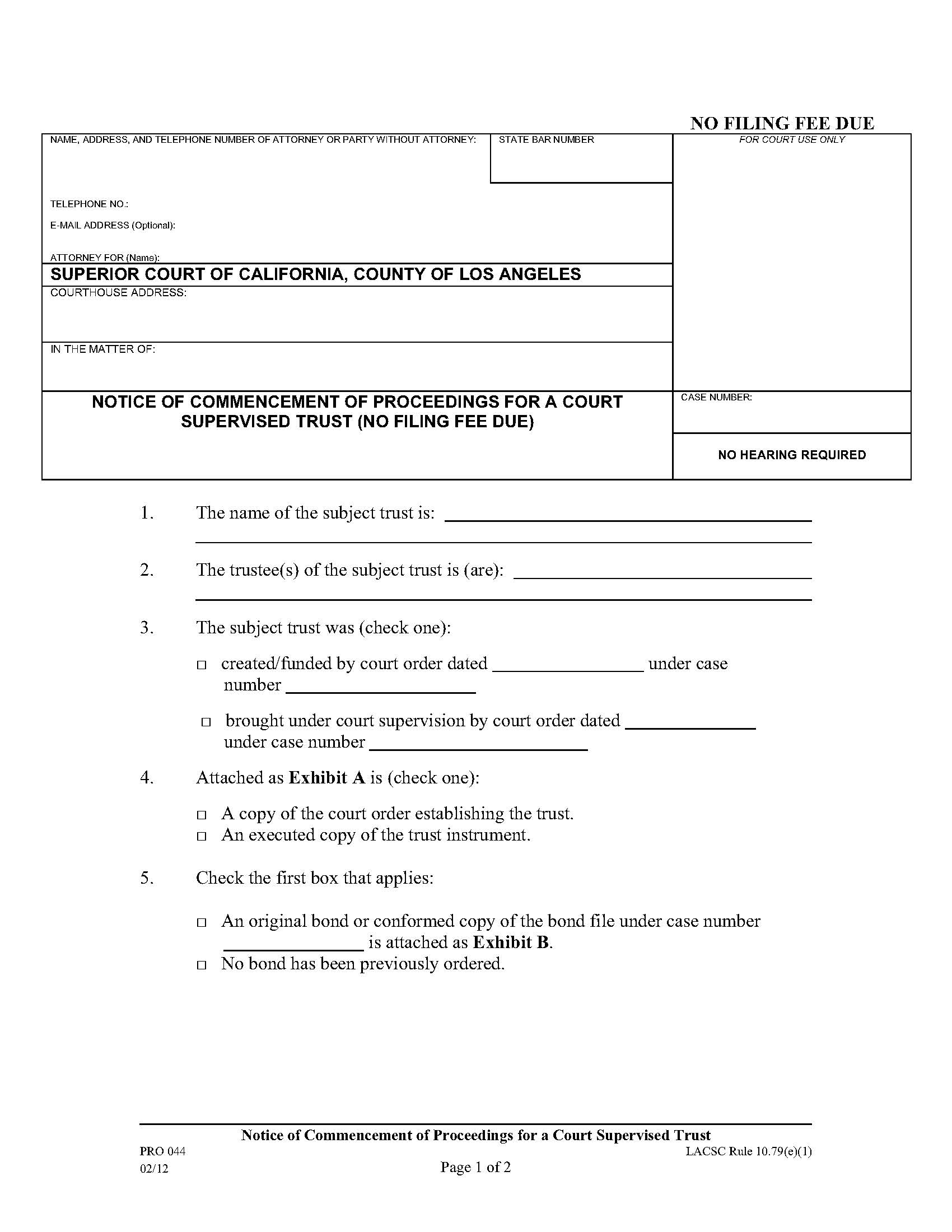 Notice Of Commencement Of Proceeding For A Court Supervised Trust {PRO 044} | Pdf Fpdf Doc Docx | California