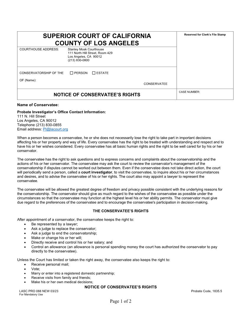 Notice Of Conservatees Rights {PRO088} | Pdf Fpdf Docx | California