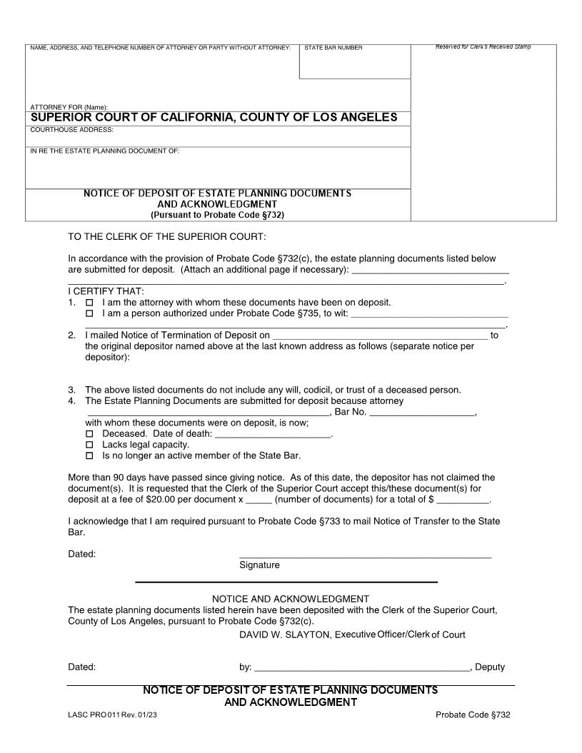 Notice Of Deposit Of Estate Planning Documents And Acknowledgment {PRO 011} | Pdf Fpdf Doc Docx | California