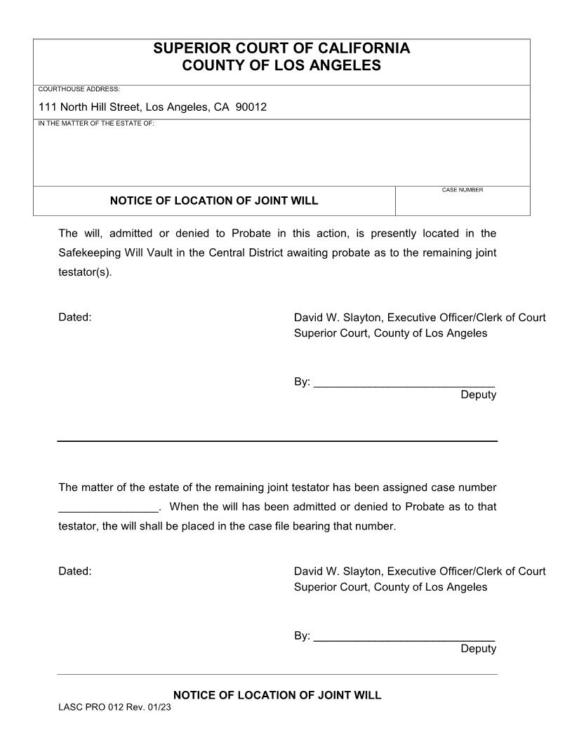 Notice Of Location Of Joint Will {PRO 012} | Pdf Fpdf Doc Docx | California