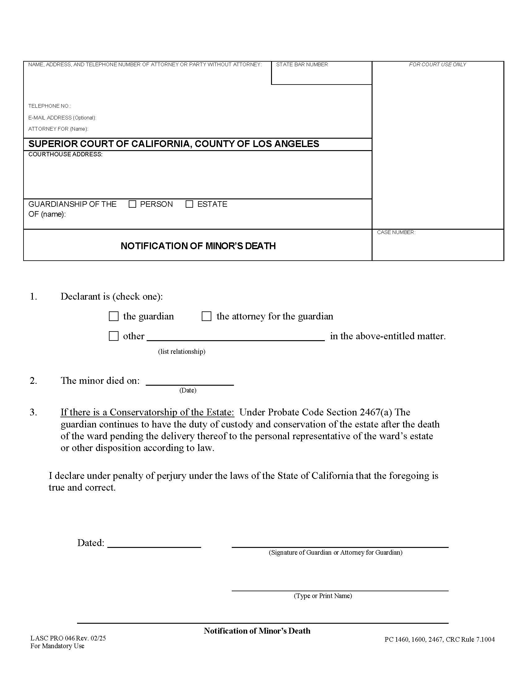 Notification Of Minors Death {LASC PRO 046} | Pdf Fpdf Docx | California