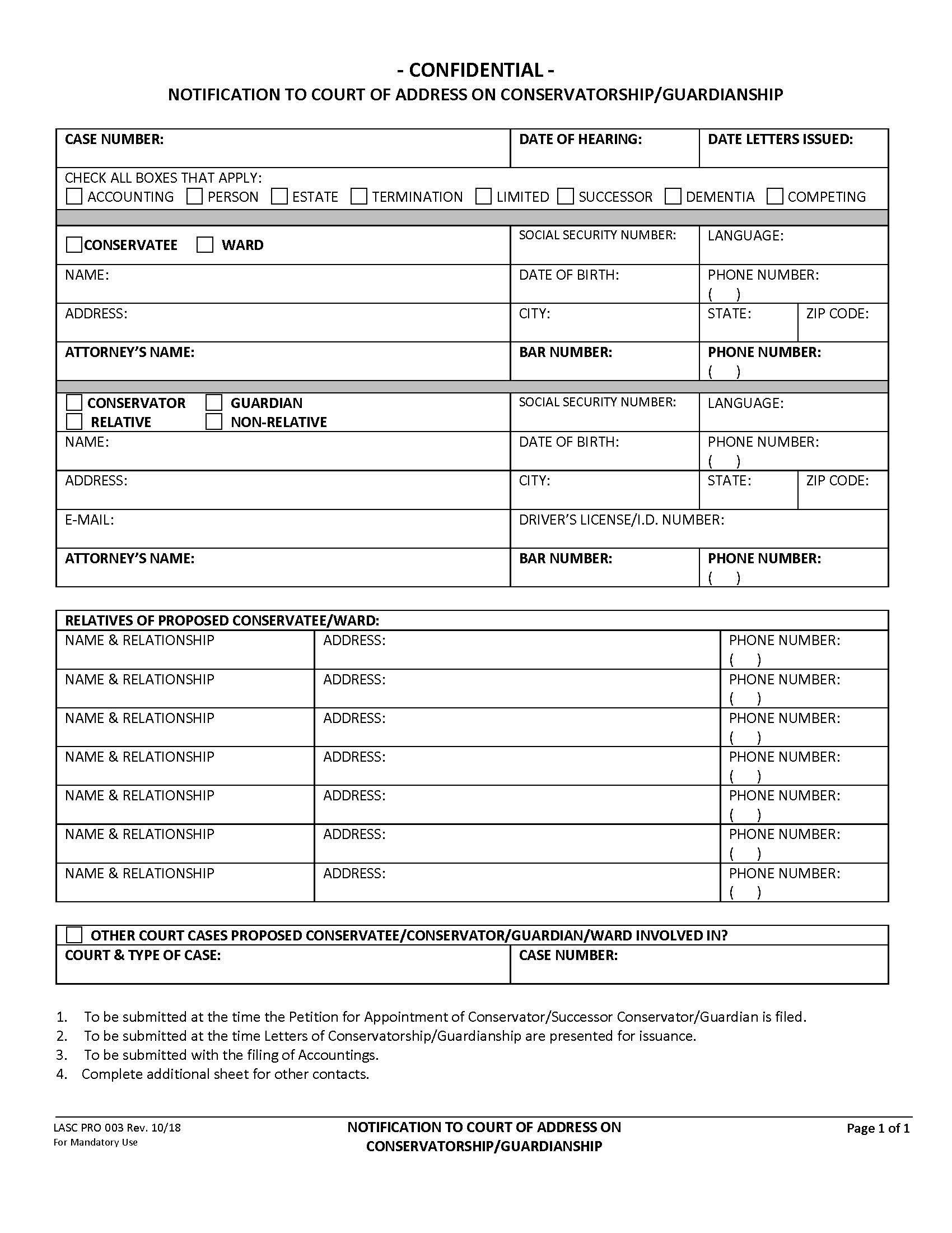 Notification To Court Of Address On Conservatorship Guardianship (Print On Yellow Paper) {PRO-003} | Pdf Fpdf Docx | California