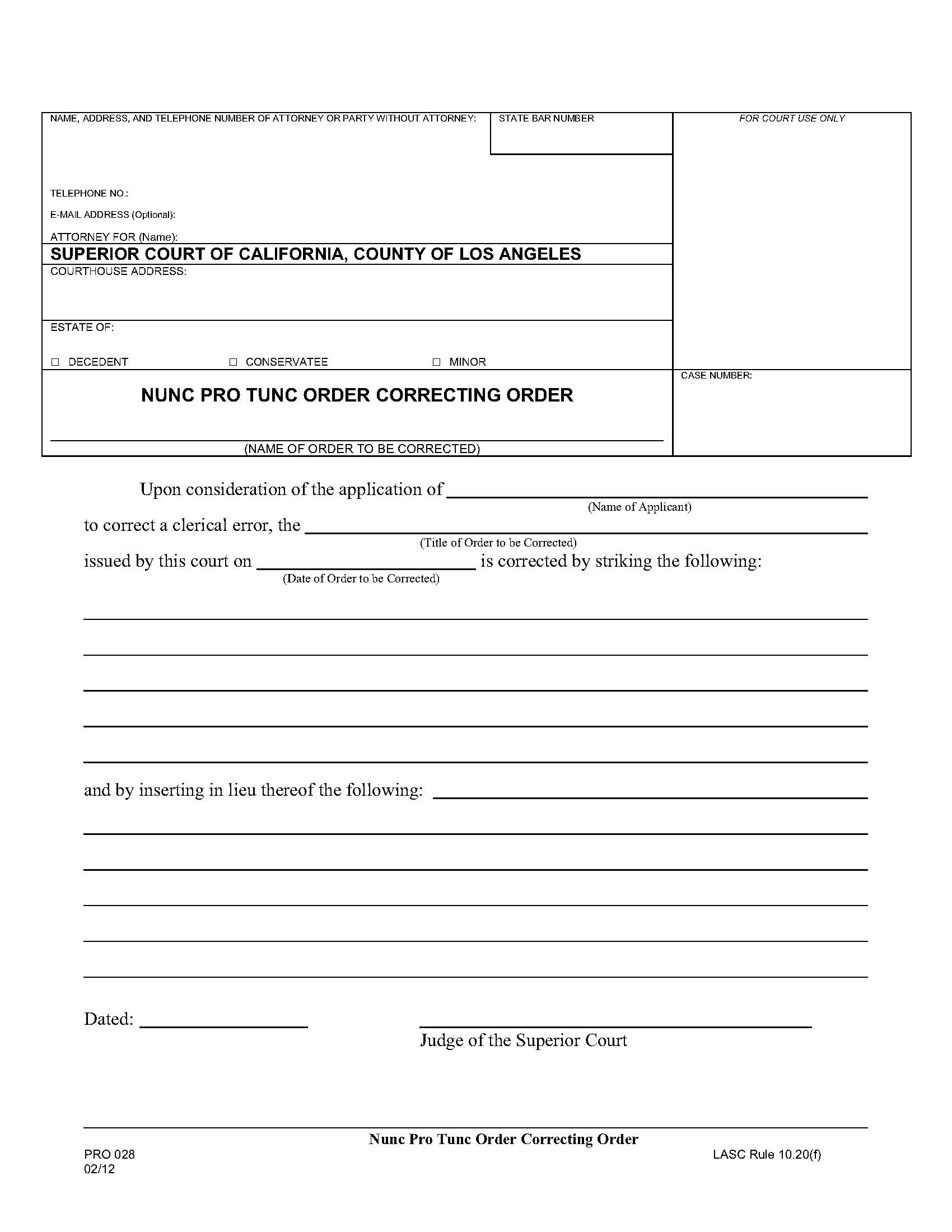 Nunc Pro Tunc Order Correcting Order {PRO 028} | Pdf Fpdf Doc Docx | California