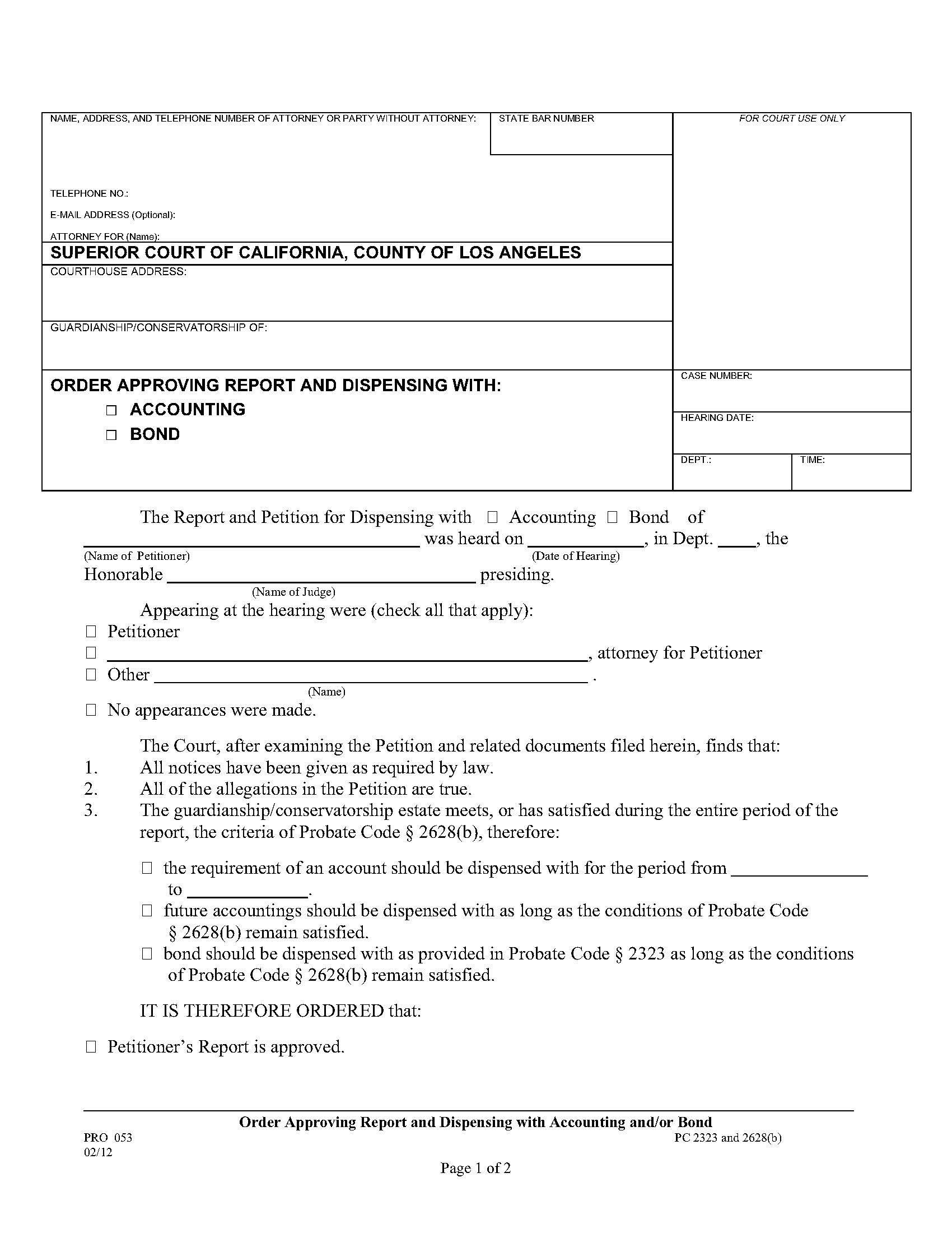 Order Approving Report And Dispensing With Accounting-Bond {PRO 053} | Pdf Fpdf Doc Docx | California