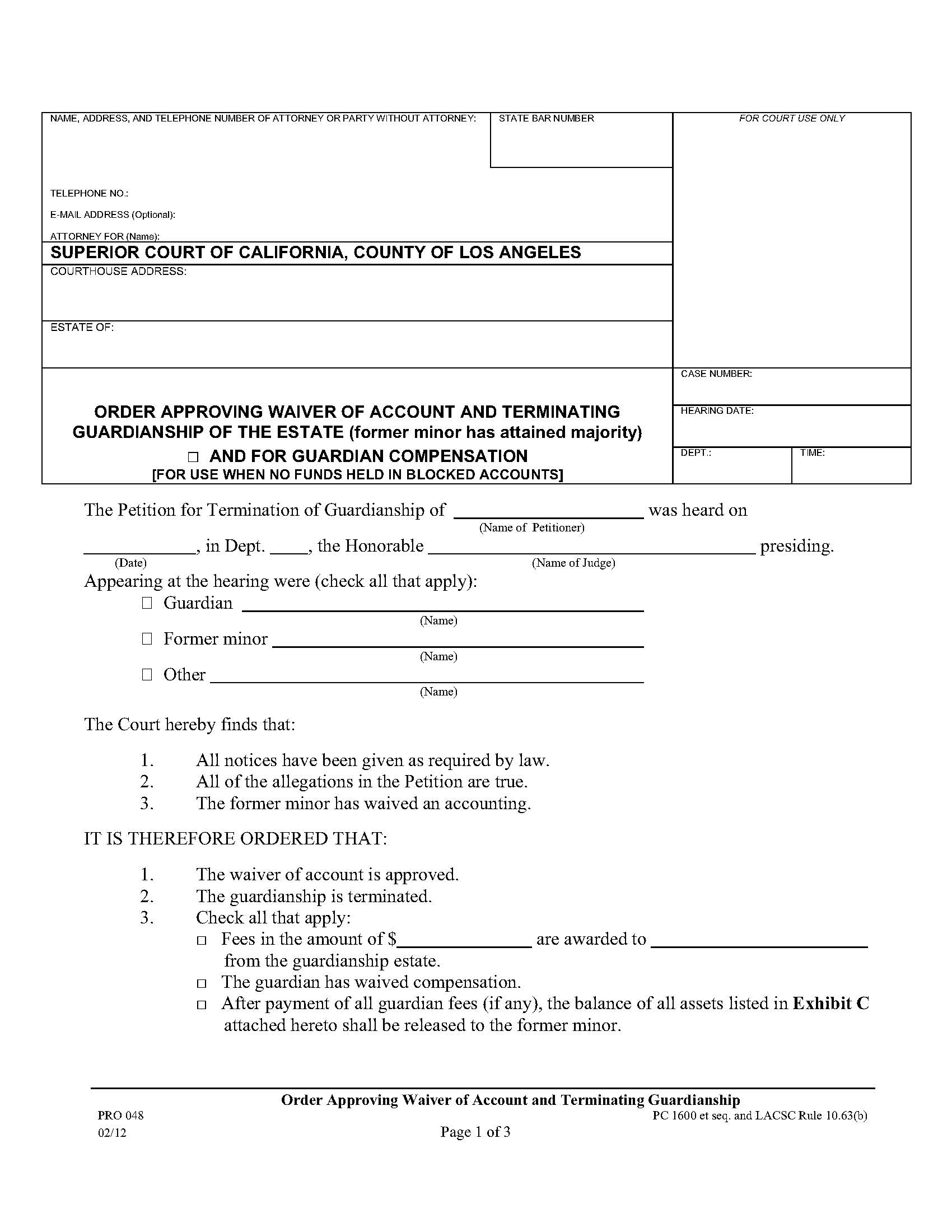 Order Approving Waiver Of Account And Terminating Guardianship {PRO 048} | Pdf Fpdf Doc Docx | California
