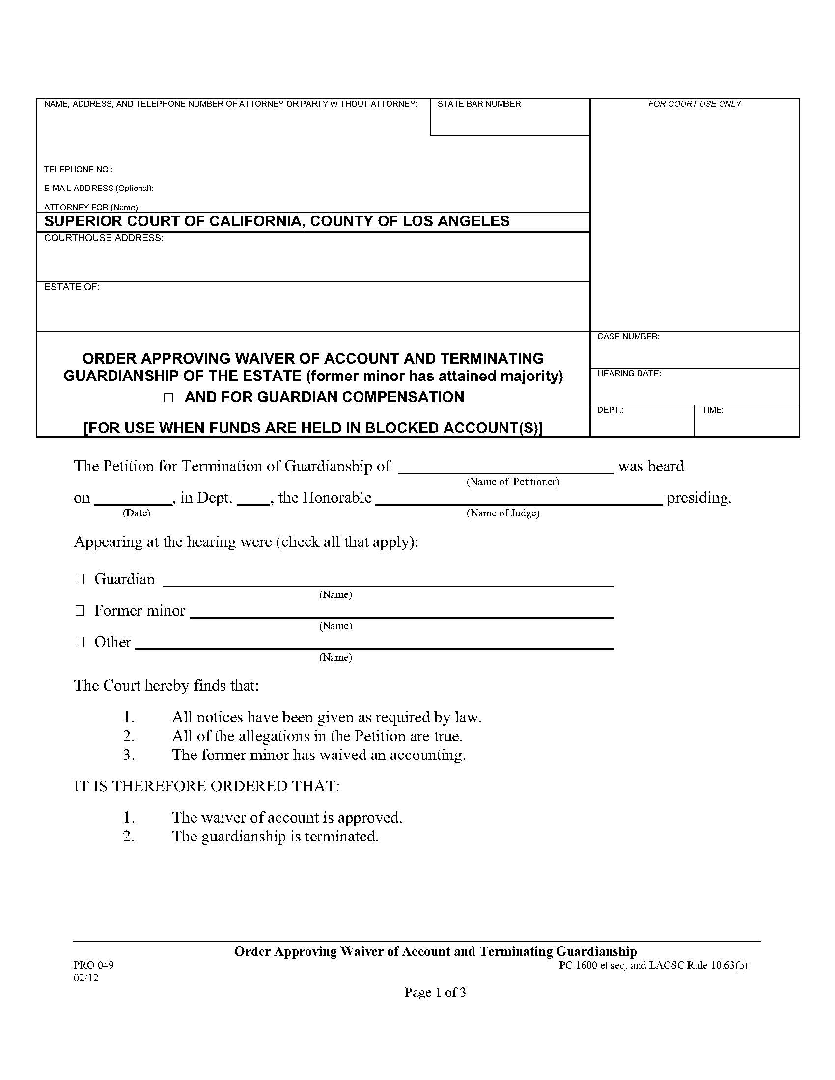 Order Approving Waiver Of Account And Terminating Guardianship {PRO 049} | Pdf Fpdf Doc Docx | California