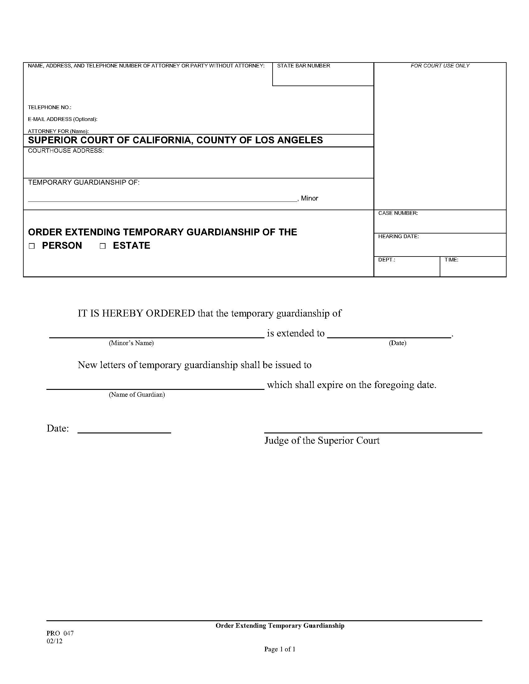 Order Extending Temporary Guardianship {PRO 047} | Pdf Fpdf Doc Docx | California