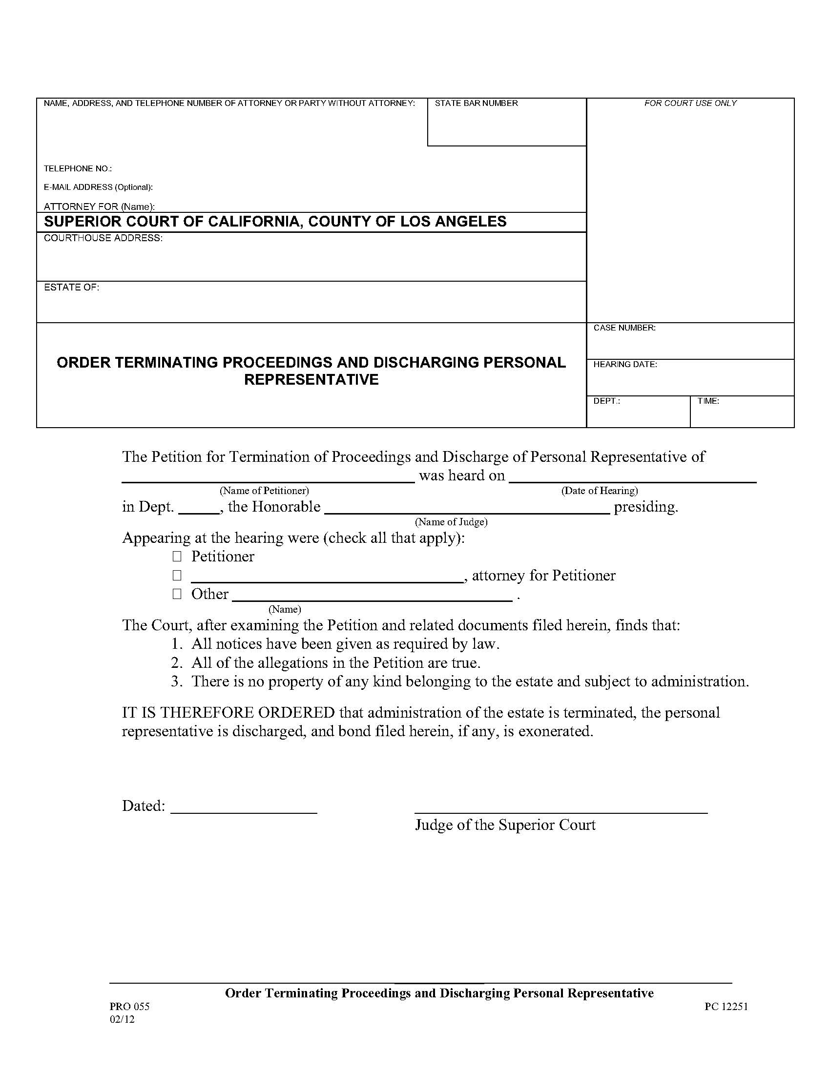 Order Terminating Proceeding And Discharging Personal Representative {PRO 055} | Pdf Fpdf Doc Docx | California
