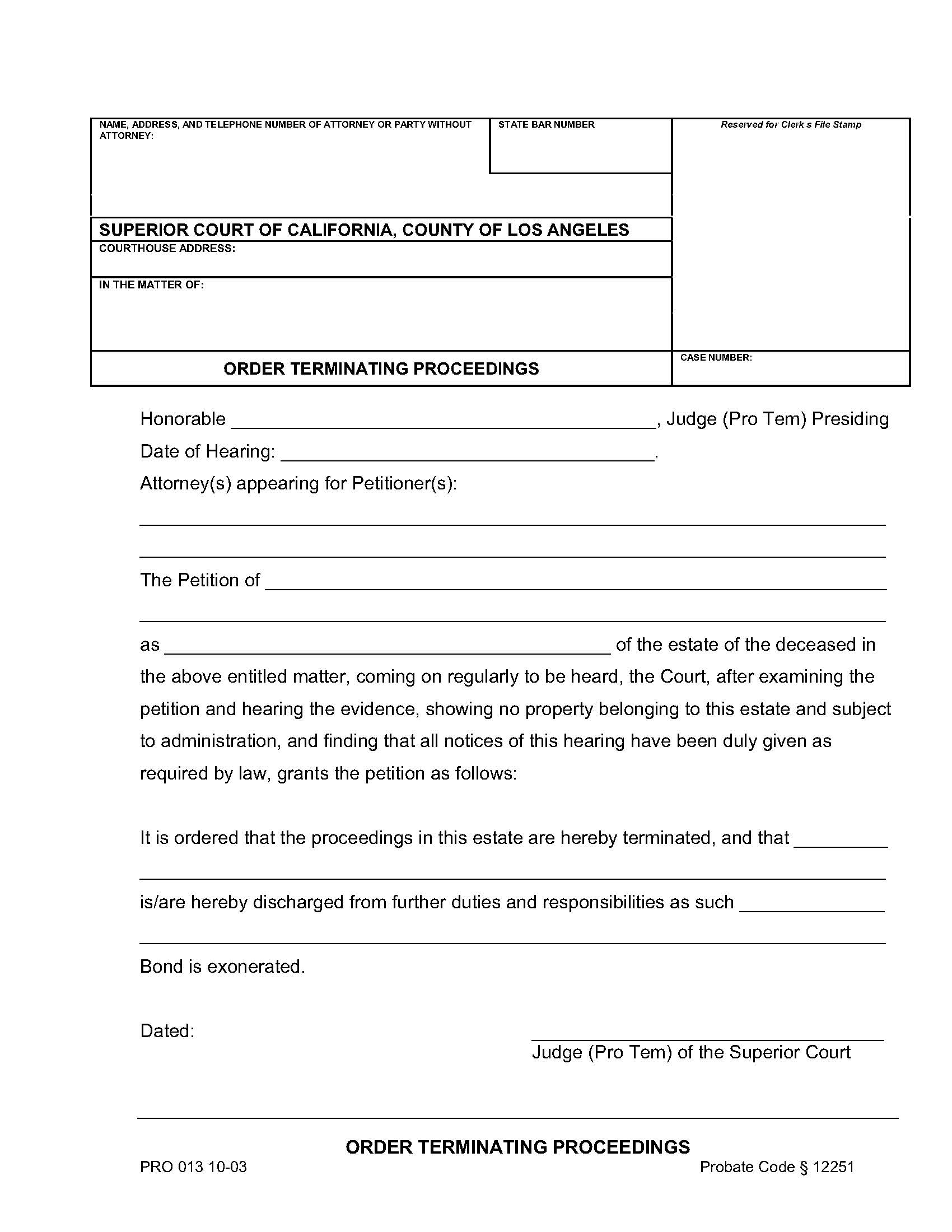 Order Terminating Proceedings {PRO 013} | Pdf Fpdf Doc Docx | California