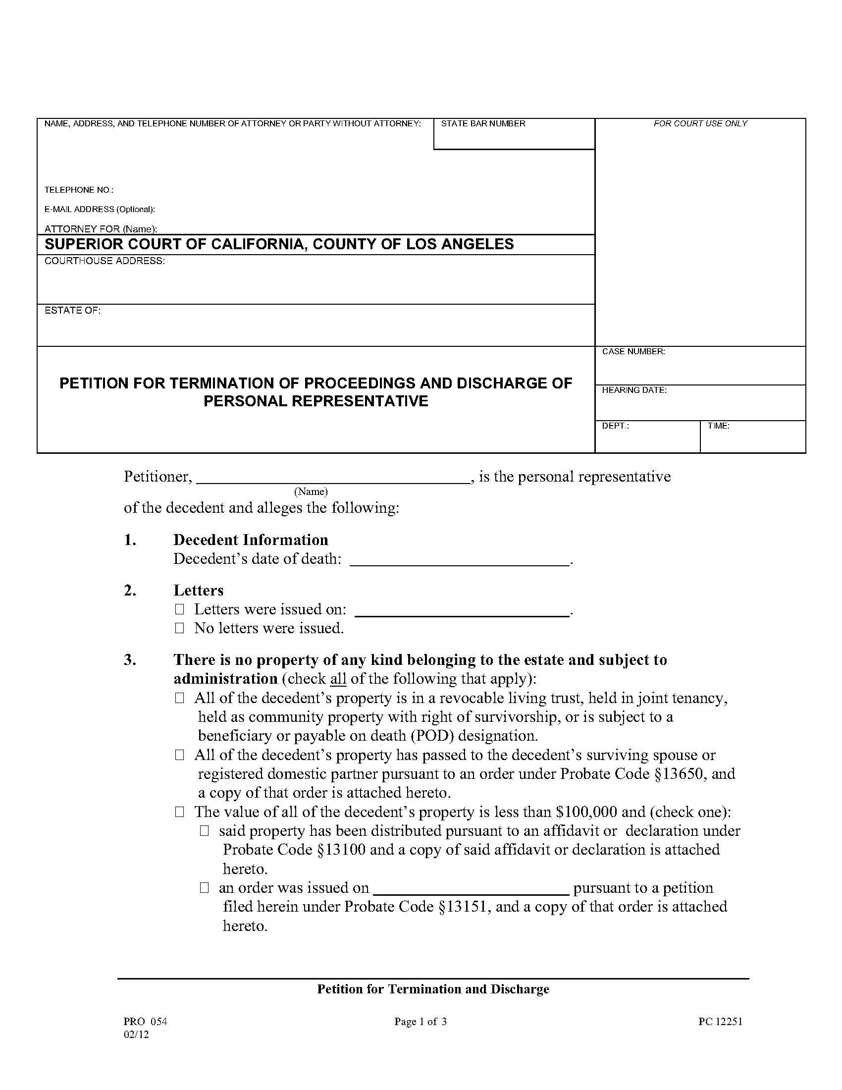Petition For Termination Of Proceeding And Discharge Of Personal Representative {PRO 054} | Pdf Fpdf Doc Docx | California