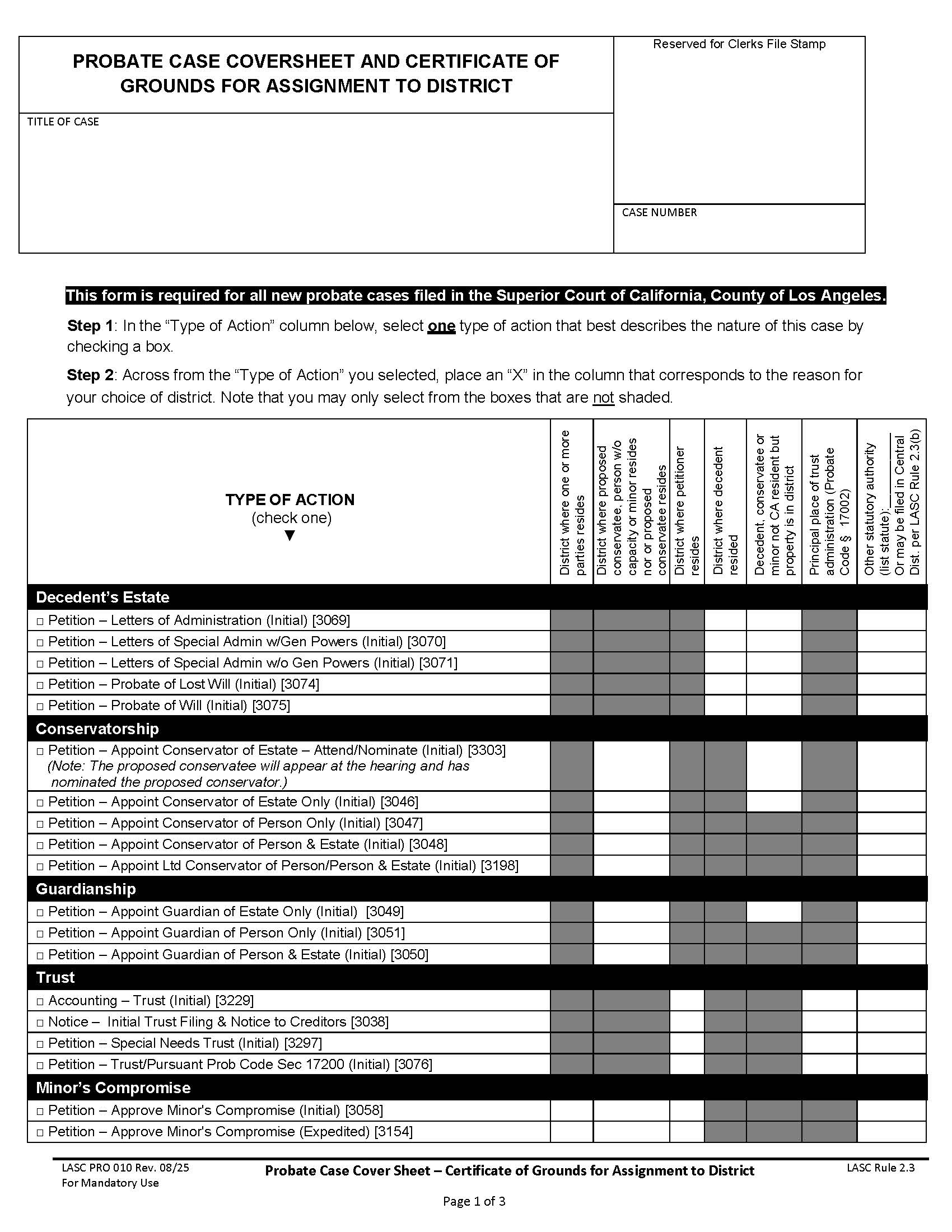Probate Case Cover Sheet - Certificate Of Grounds For Assignment To District {PRO 010} | Pdf Fpdf Doc Docx | California