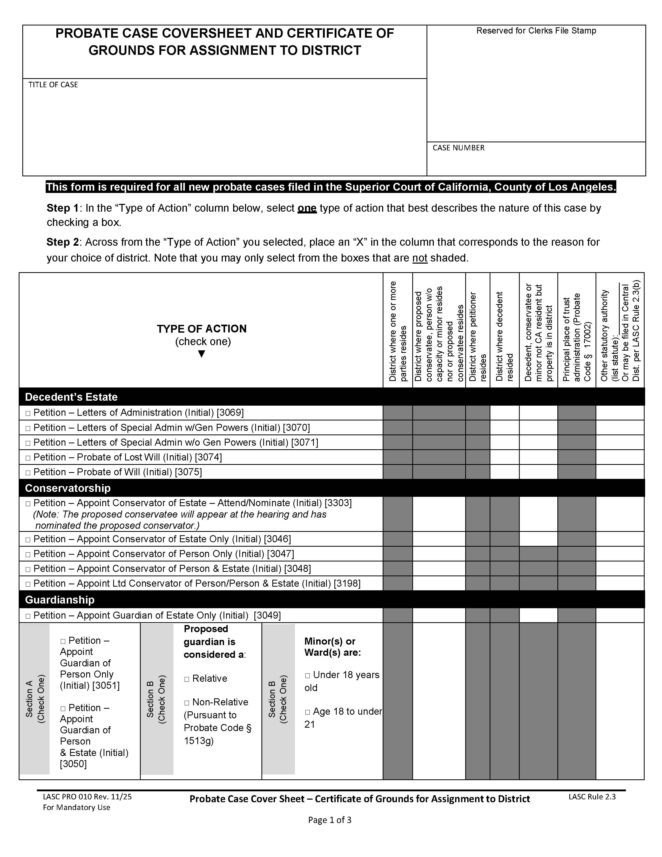 Probate Case Cover Sheet - Certificate Of Grounds For Assignment To District {PRO 010} | Pdf Fpdf Doc Docx | California