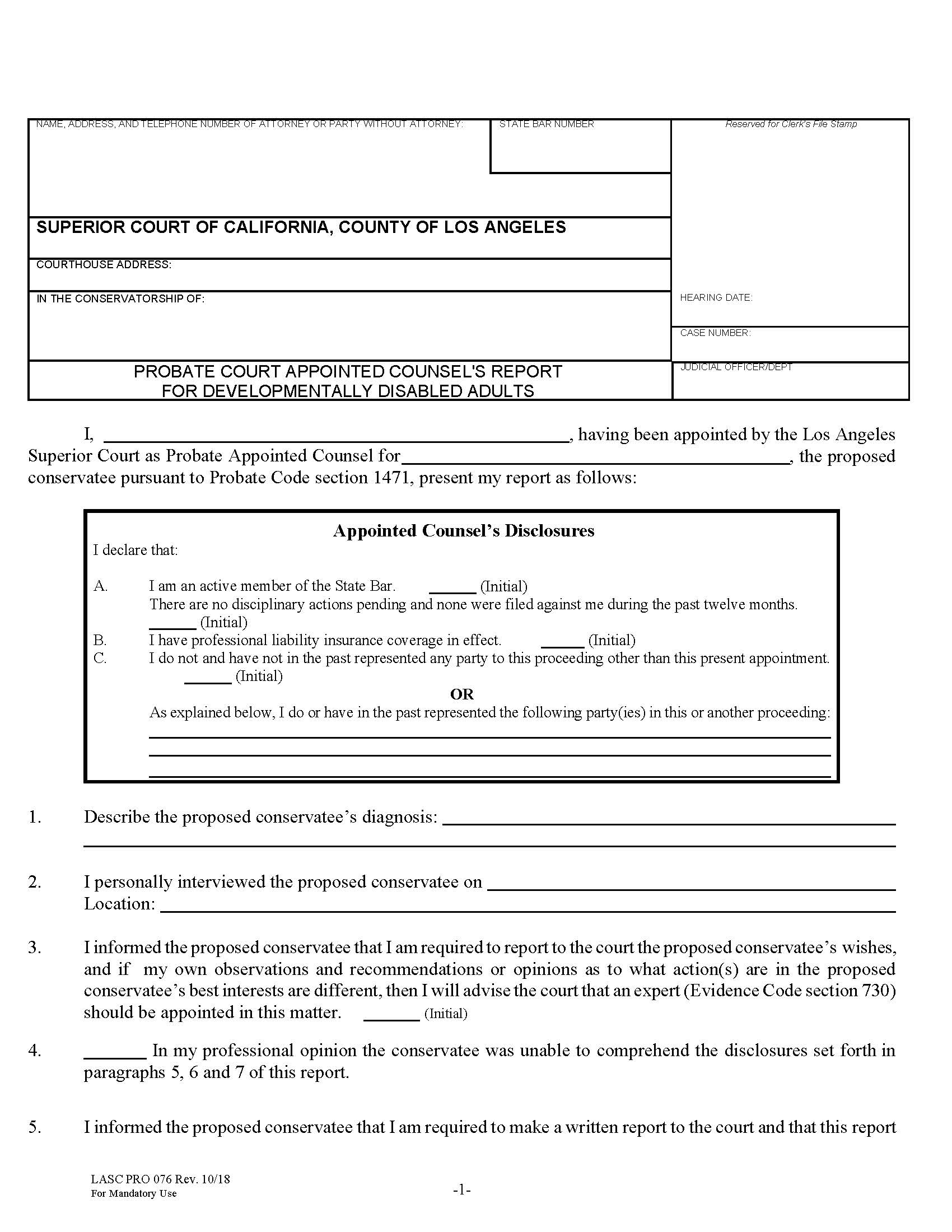 Probate Court Appointed Counsels Report For Developmentally Disabled Adults {PRO076} | Pdf Fpdf Docx | California