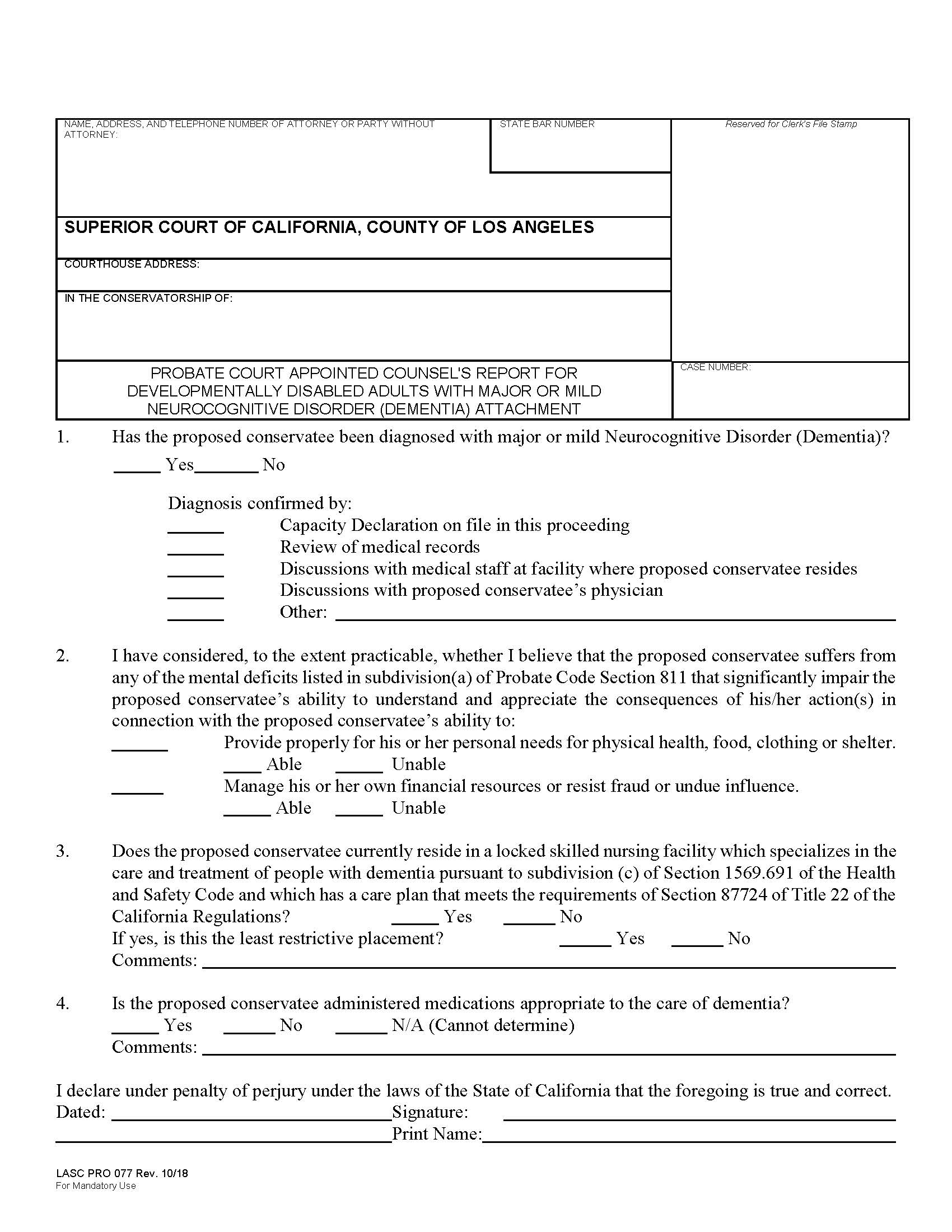 Probate Court Appointed Counsels Report For Developmentally Disabled Adults (Dementia) {PRO077} | Pdf Fpdf Docx | California