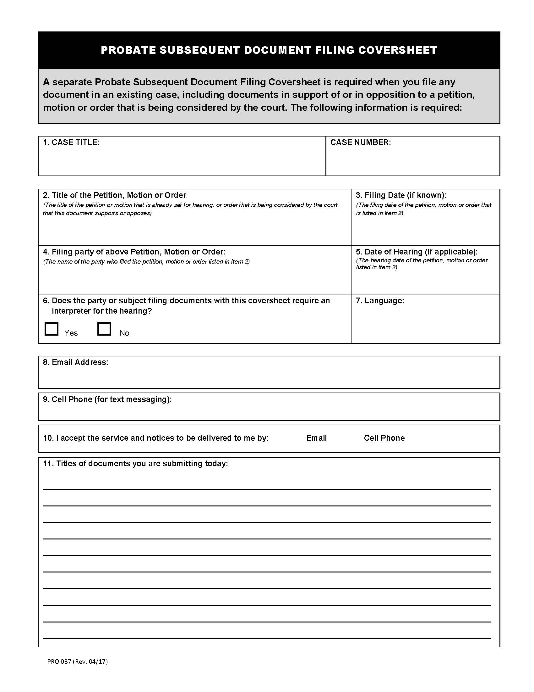 Probate Subsequent Document Filing Coversheet {PRO037} | Pdf Fpdf Doc Docx | California