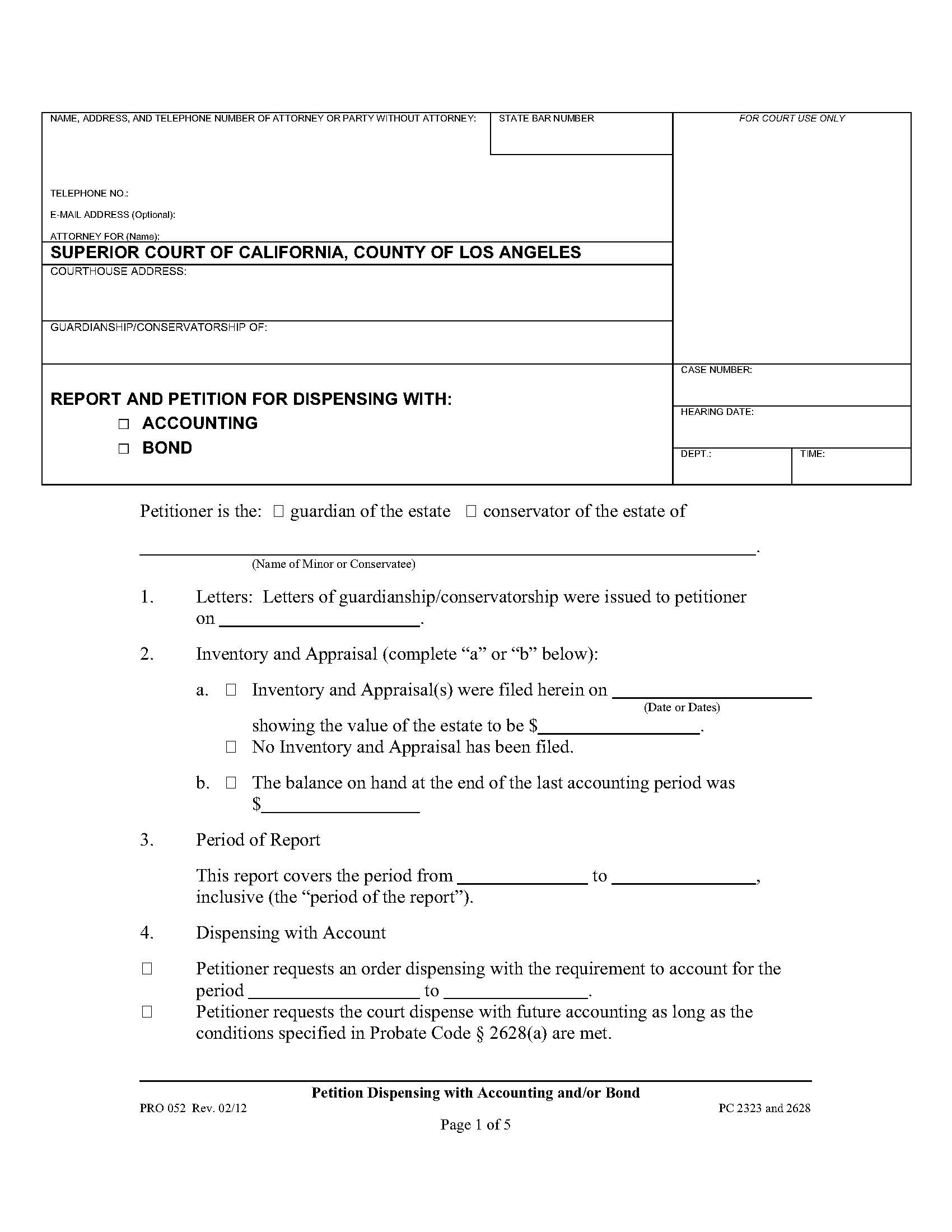 Report And Petition For Dispensing With Accounting And-Or Bond {PRO 052} | Pdf Fpdf Doc Docx | California