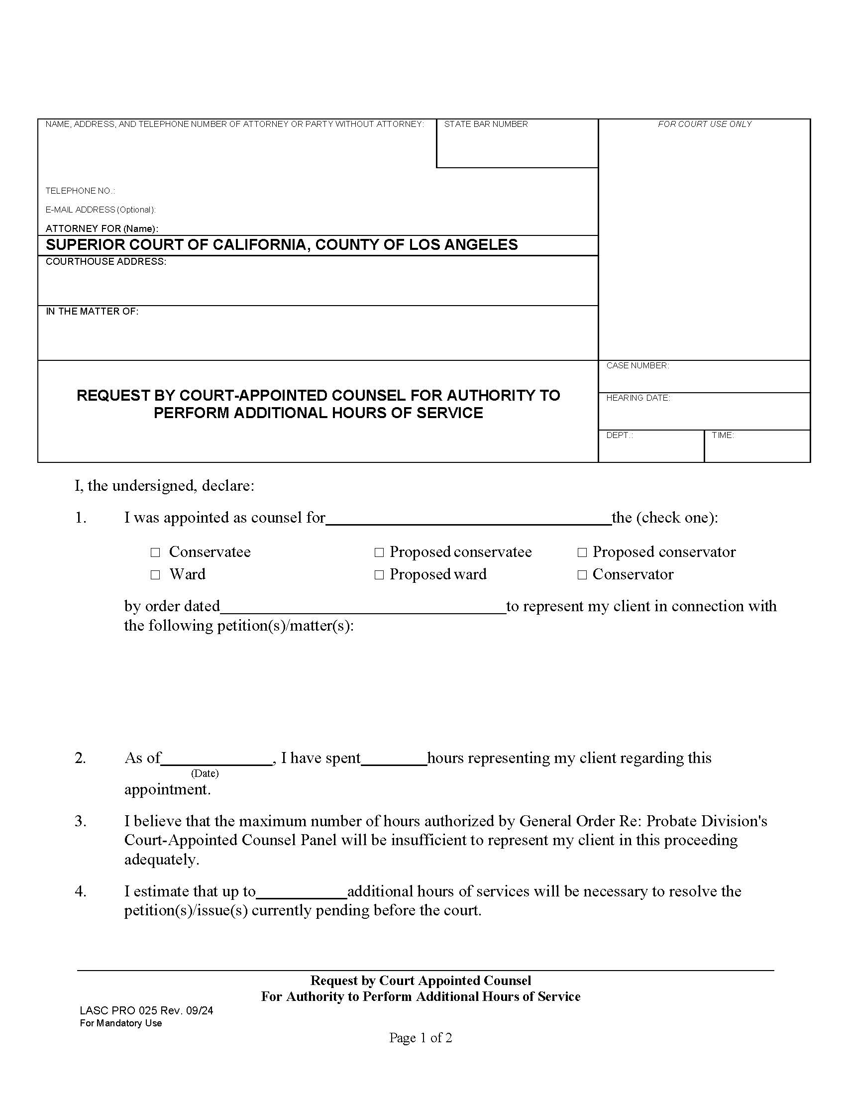Request By Court Appointed Counsel For Authority To Perform Additional Hours {PRO025} | Pdf Fpdf Doc Docx | California