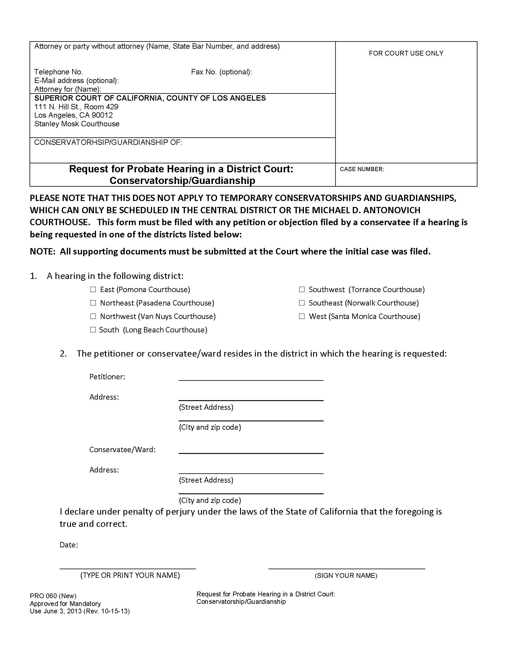 Request For Initial Probate Hearing In A District Court-Conservatorship-Guardianship {PRO 060} | Pdf Fpdf Doc Docx | California