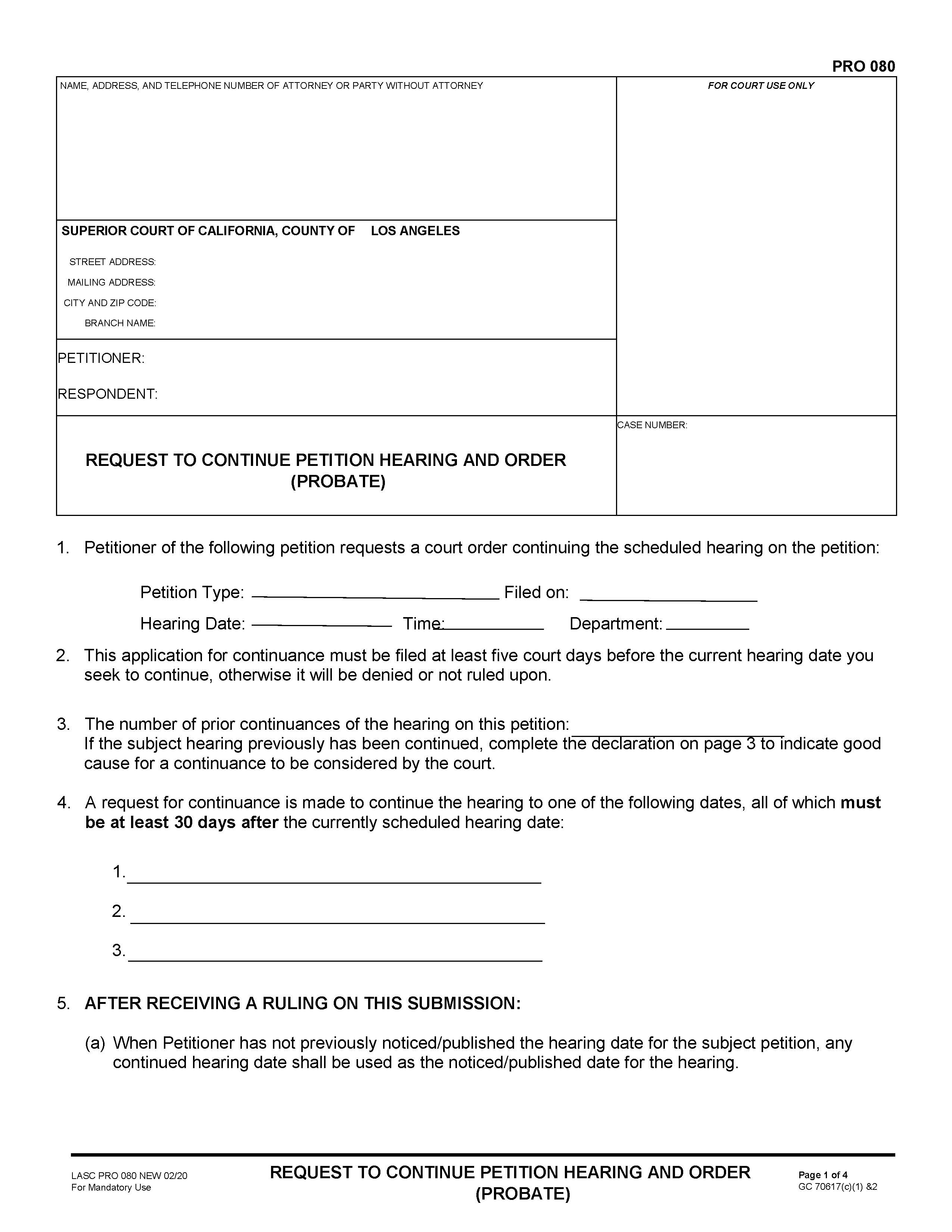 Request To Continue Petition Hearing And Order (Probate) {PRO080} | Pdf Fpdf Docx | California