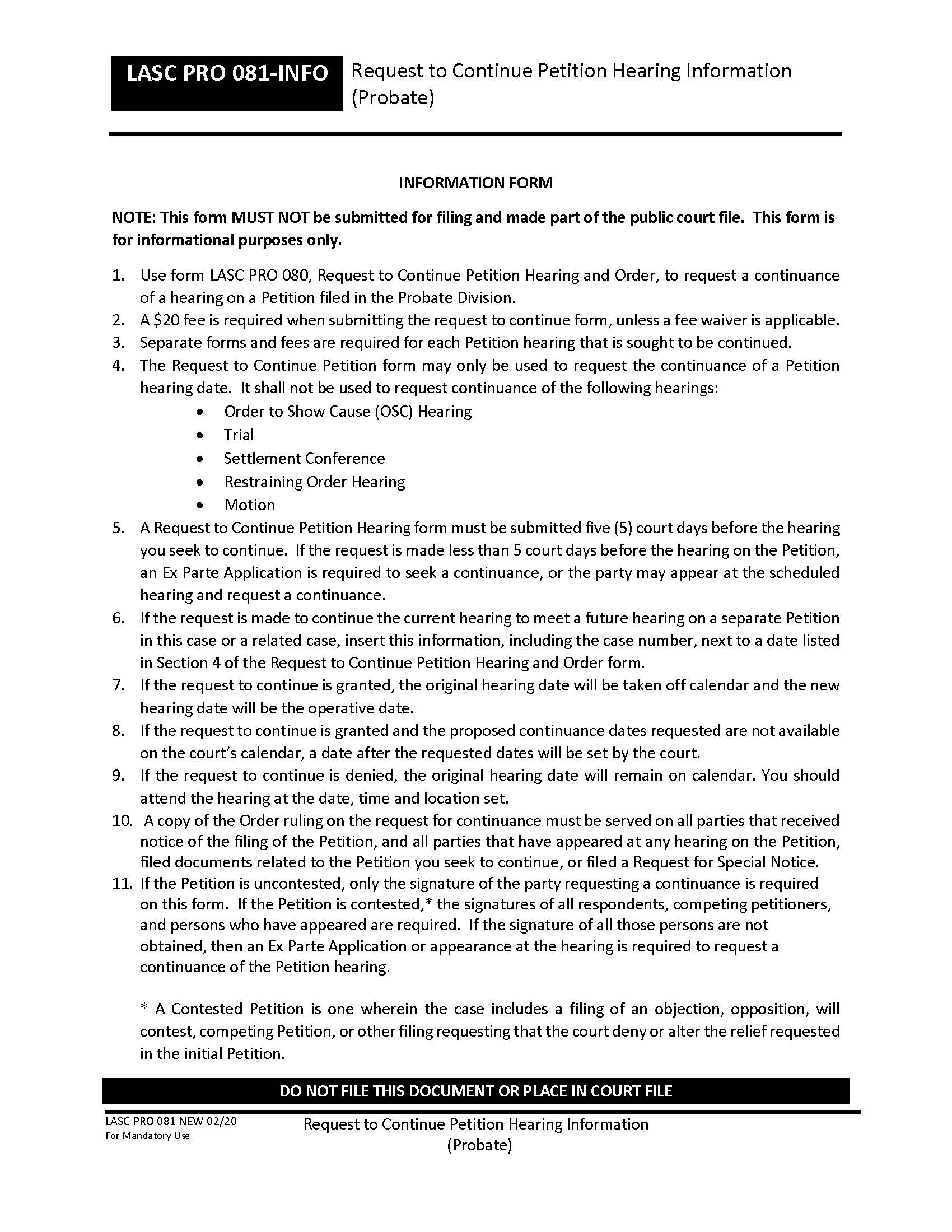 Request To Continue Petition Hearing information (Probate) {PRO081} | Pdf Fpdf Docx | California