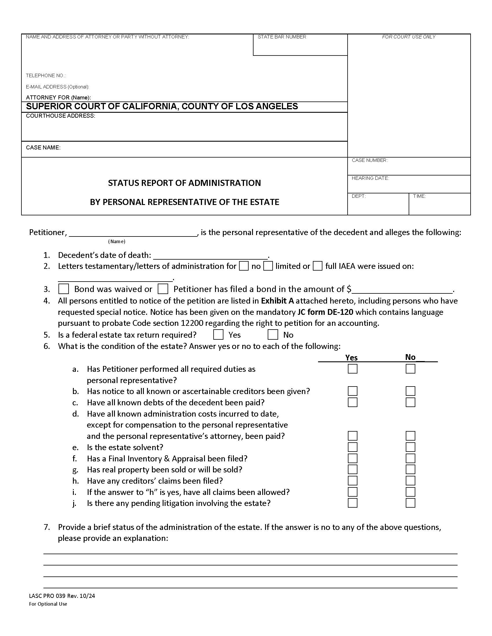 Status Report Of Administration {PRO 039} | Pdf Fpdf Doc Docx | California