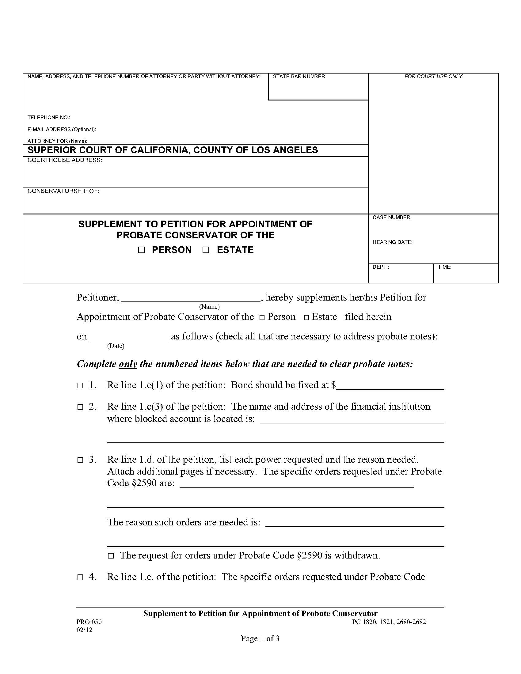 Supplement To Petition For Appointment Of Probate Conservator {PRO 050} | Pdf Fpdf Doc Docx | California