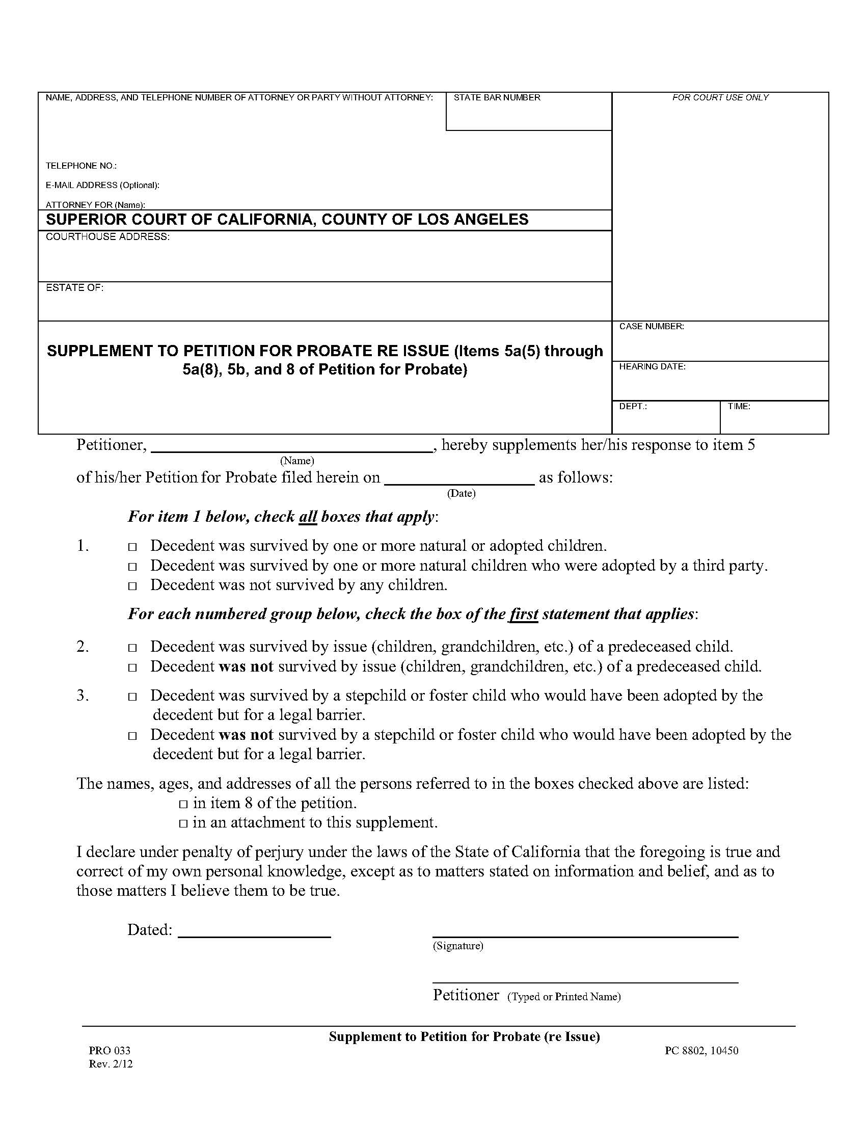 Supplement To Petition For Probate (Re Issue) {PRO 033} | Pdf Fpdf Doc Docx | California