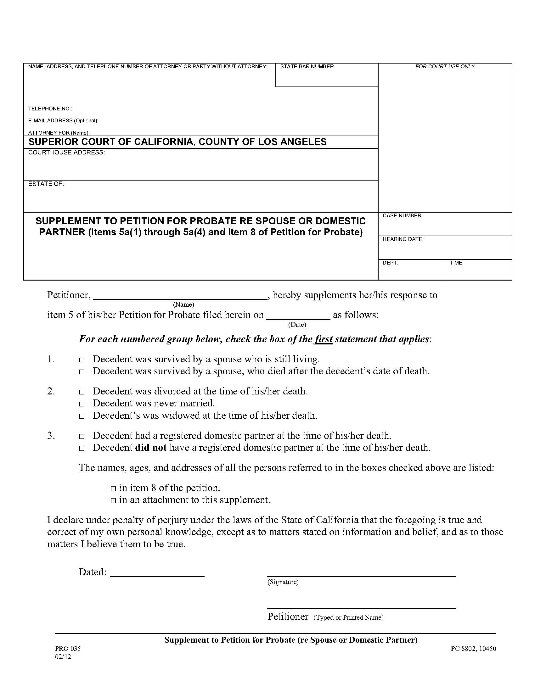 Supplement To Petition For Probate (Re Spouse Or Domestic Partner) {PRO 035} | Pdf Fpdf Doc Docx | California