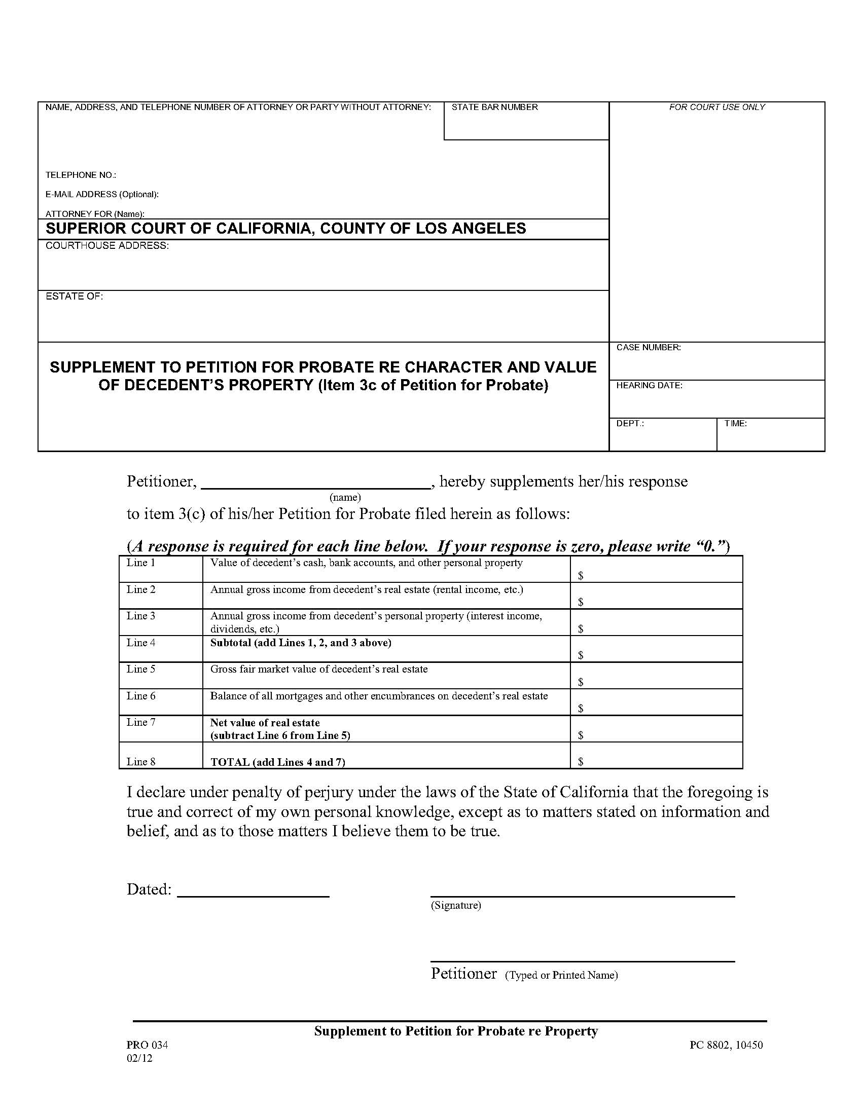 Supplement To Petition For Probate Re Character And Value Of Decendents Property {PRO 034} | Pdf Fpdf Doc Docx | California