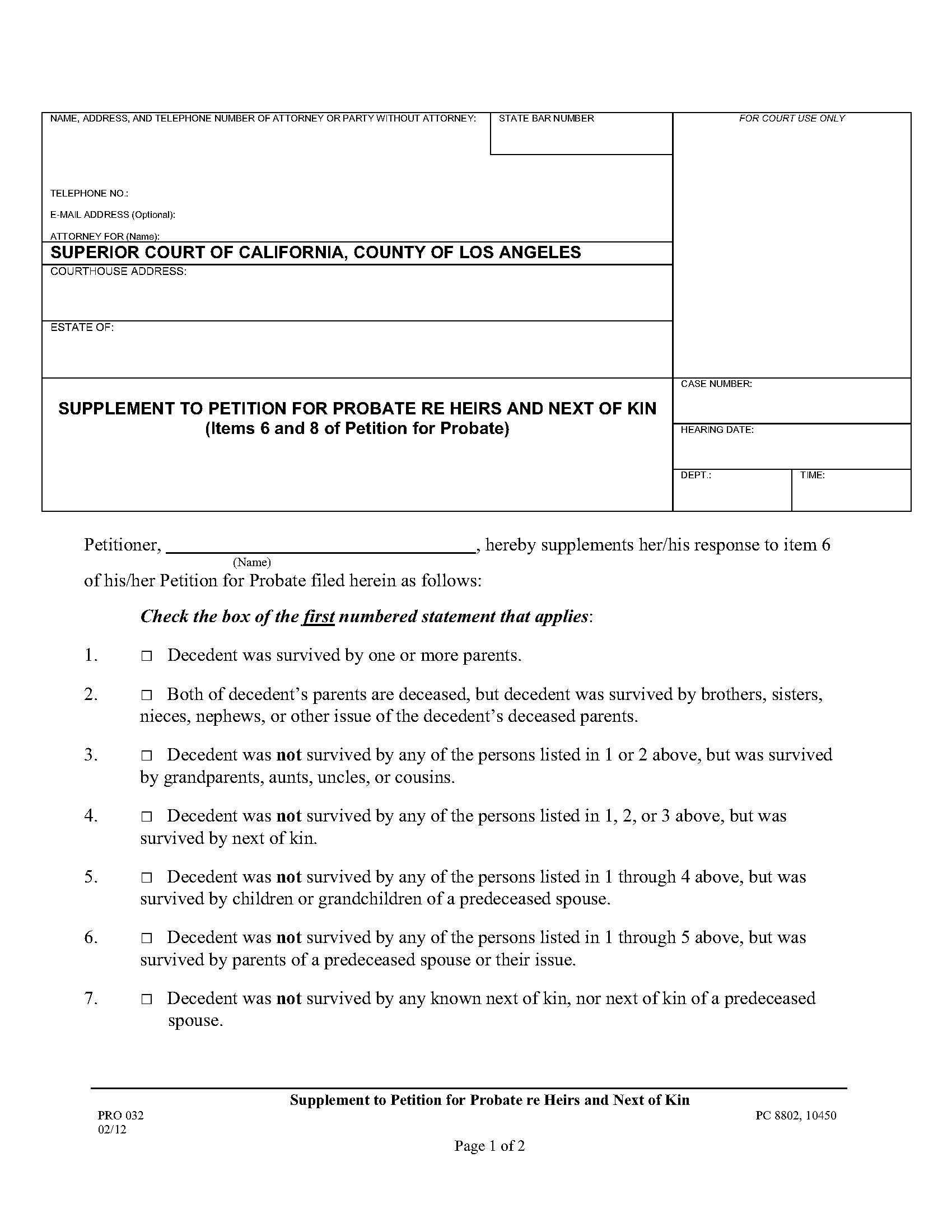 Supplement To Petition For Probate Re Heirs And Next Of Kin {PRO 032} | Pdf Fpdf Doc Docx | California