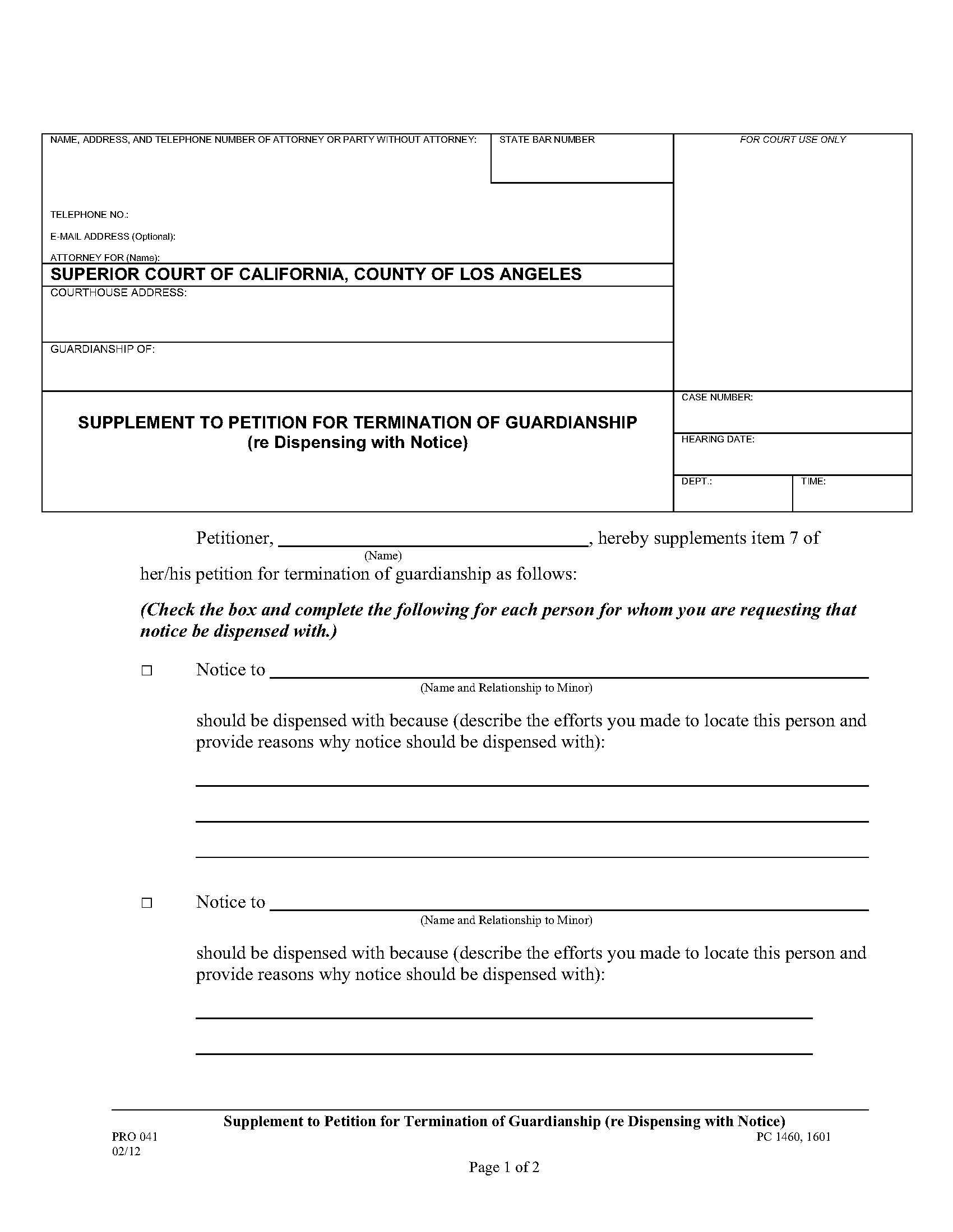 Supplement To Petition For Termination Of Guardianship (Re Dispensing With Notice) {PRO 041} | Pdf Fpdf Doc Docx | California