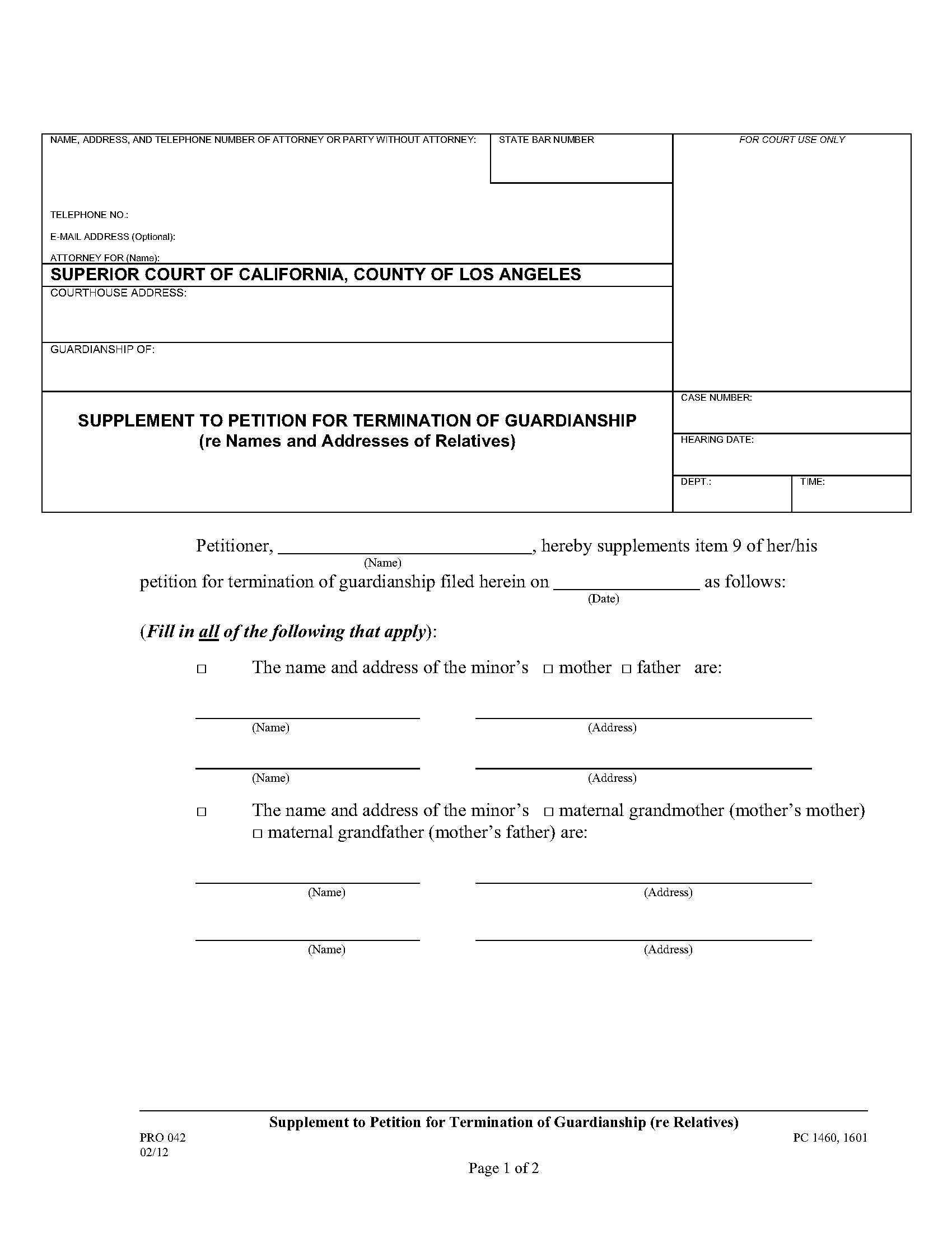 Supplement To Petition For Termination Of Guardianship (Re Names And Addresses Of Relatives) {PRO 042} | Pdf Fpdf Doc Docx | California