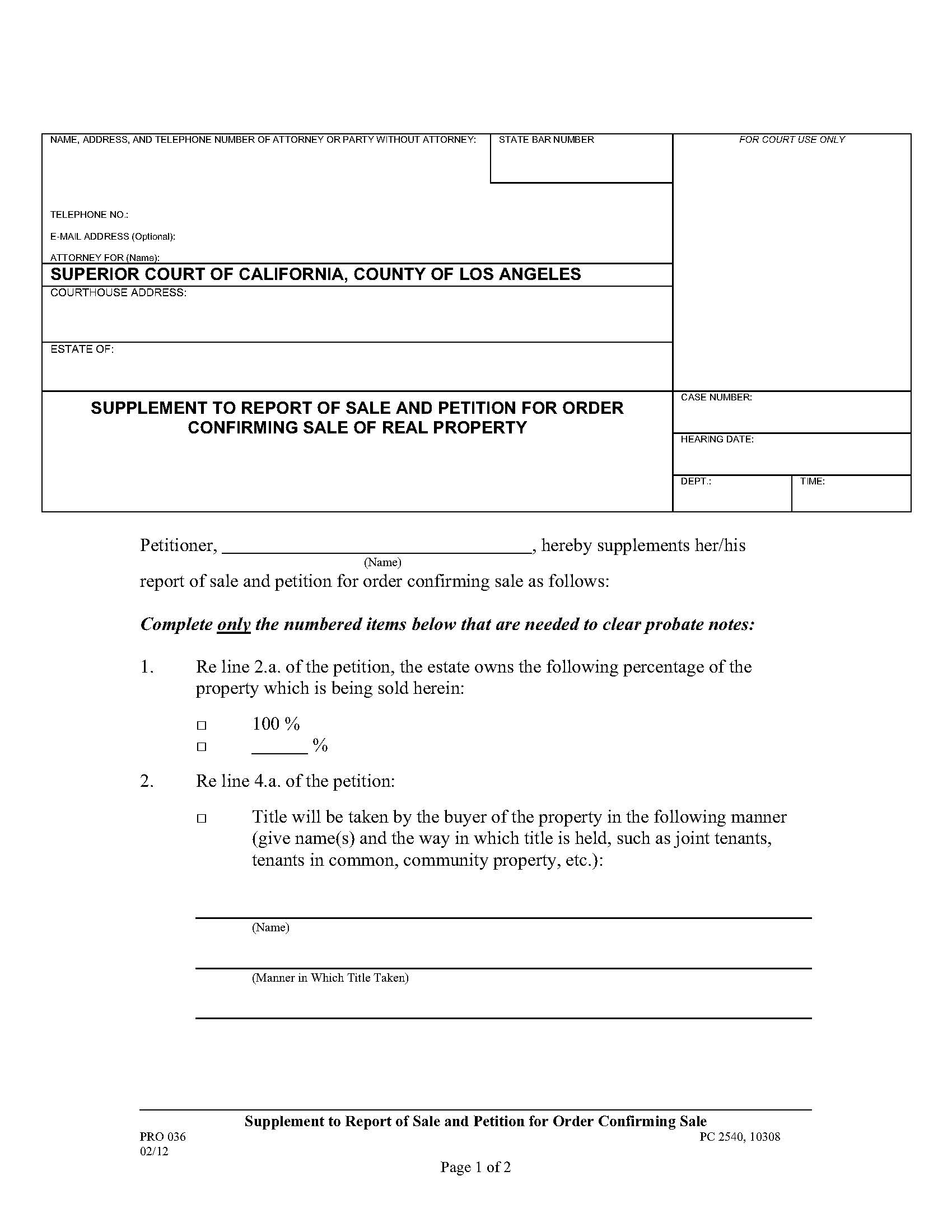 Supplement To Report Of Sale And Petition For Order Confirming Sale {PRO 036} | Pdf Fpdf Doc Docx | California